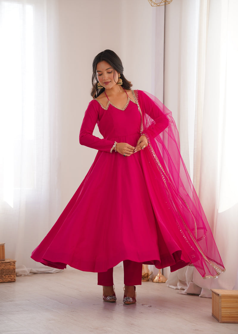 Womenline Rani Pink Color Chanderi Roman Silk Three Piece Anarkali Suit