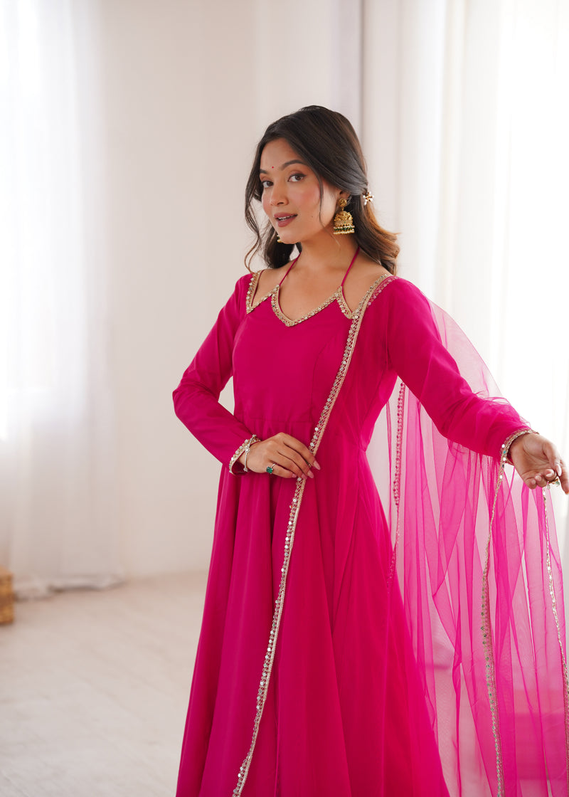 Womenline Rani Pink Color Chanderi Roman Silk Three Piece Anarkali Suit