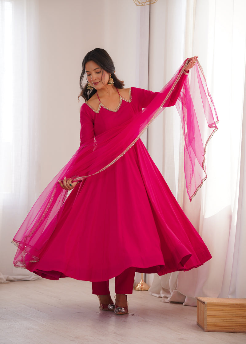 Womenline Rani Pink Color Chanderi Roman Silk Three Piece Anarkali Suit