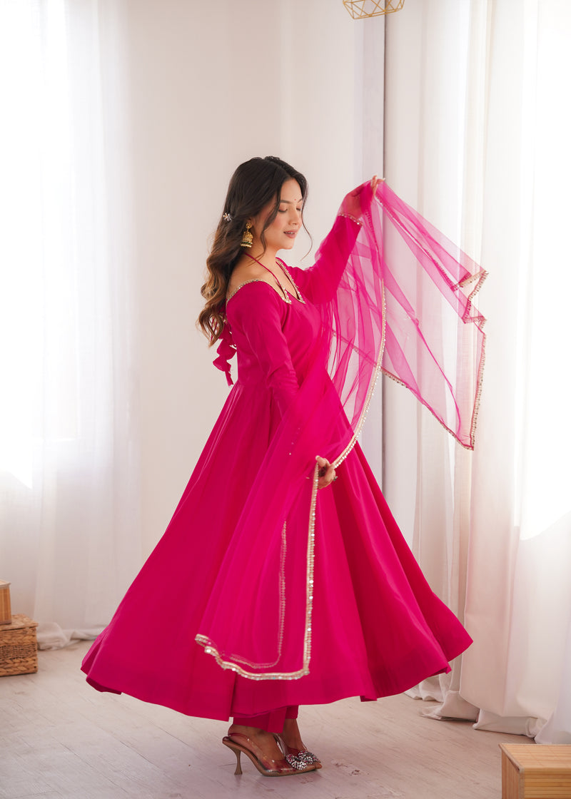 Womenline Rani Pink Color Chanderi Roman Silk Three Piece Anarkali Suit