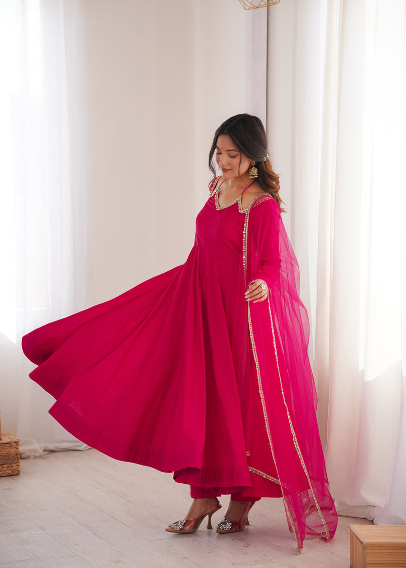 Womenline Rani Pink Color Chanderi Roman Silk Three Piece Anarkali Suit
