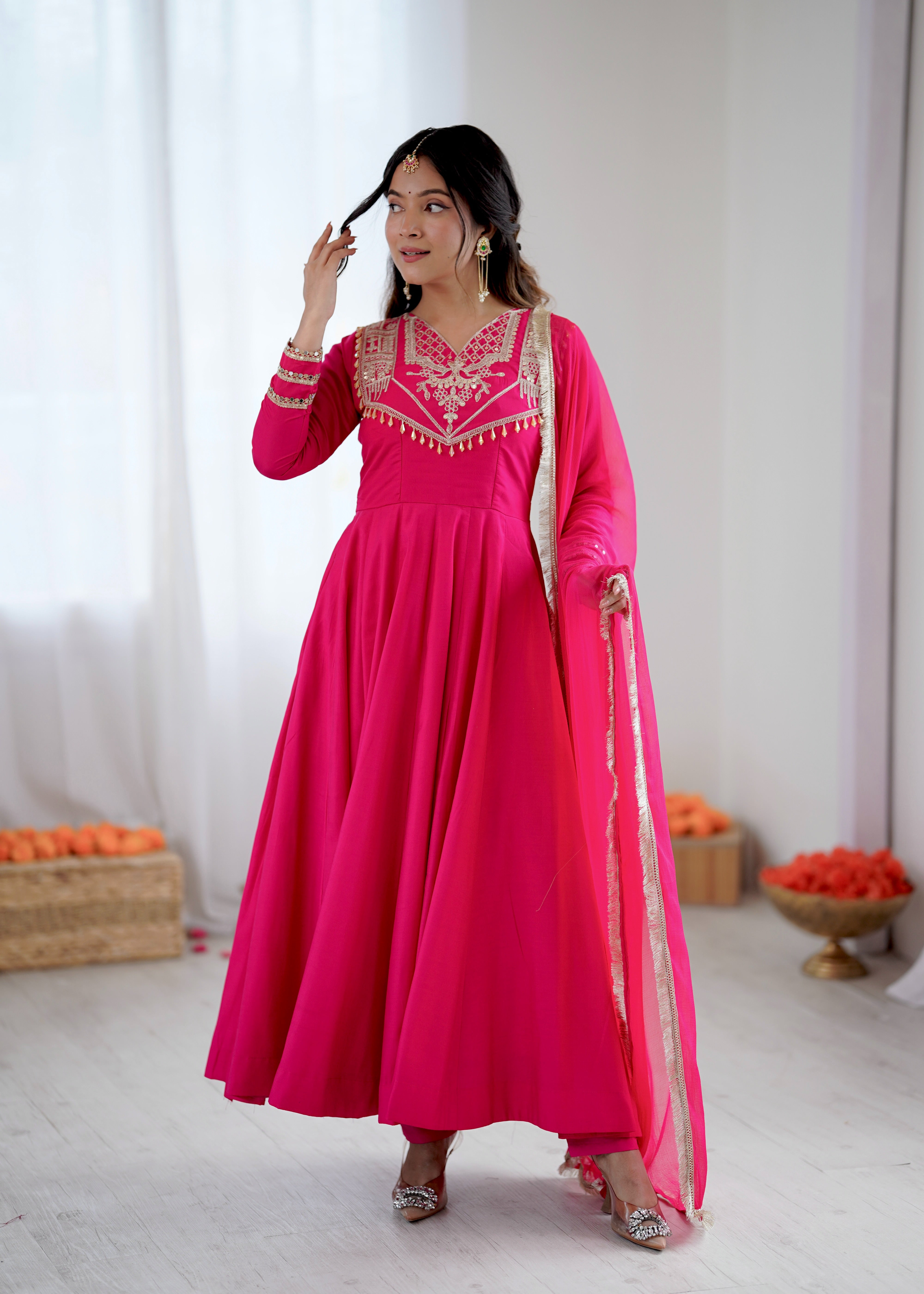 Womenline Fuchsia Royale Embroidered Anarkali Suit Set with Elegant Dupatta
