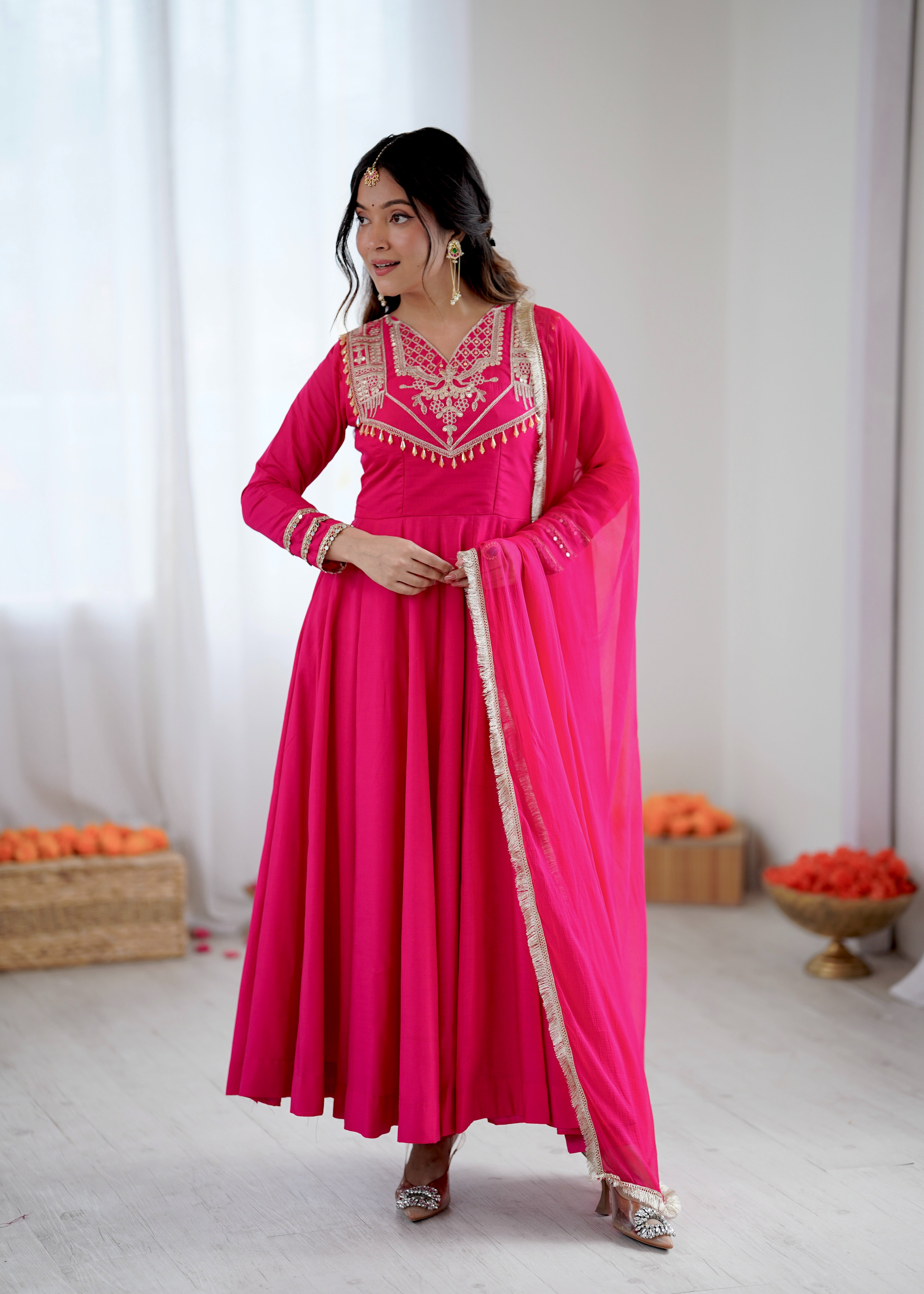Womenline Fuchsia Royale Embroidered Anarkali Suit Set with Elegant Dupatta