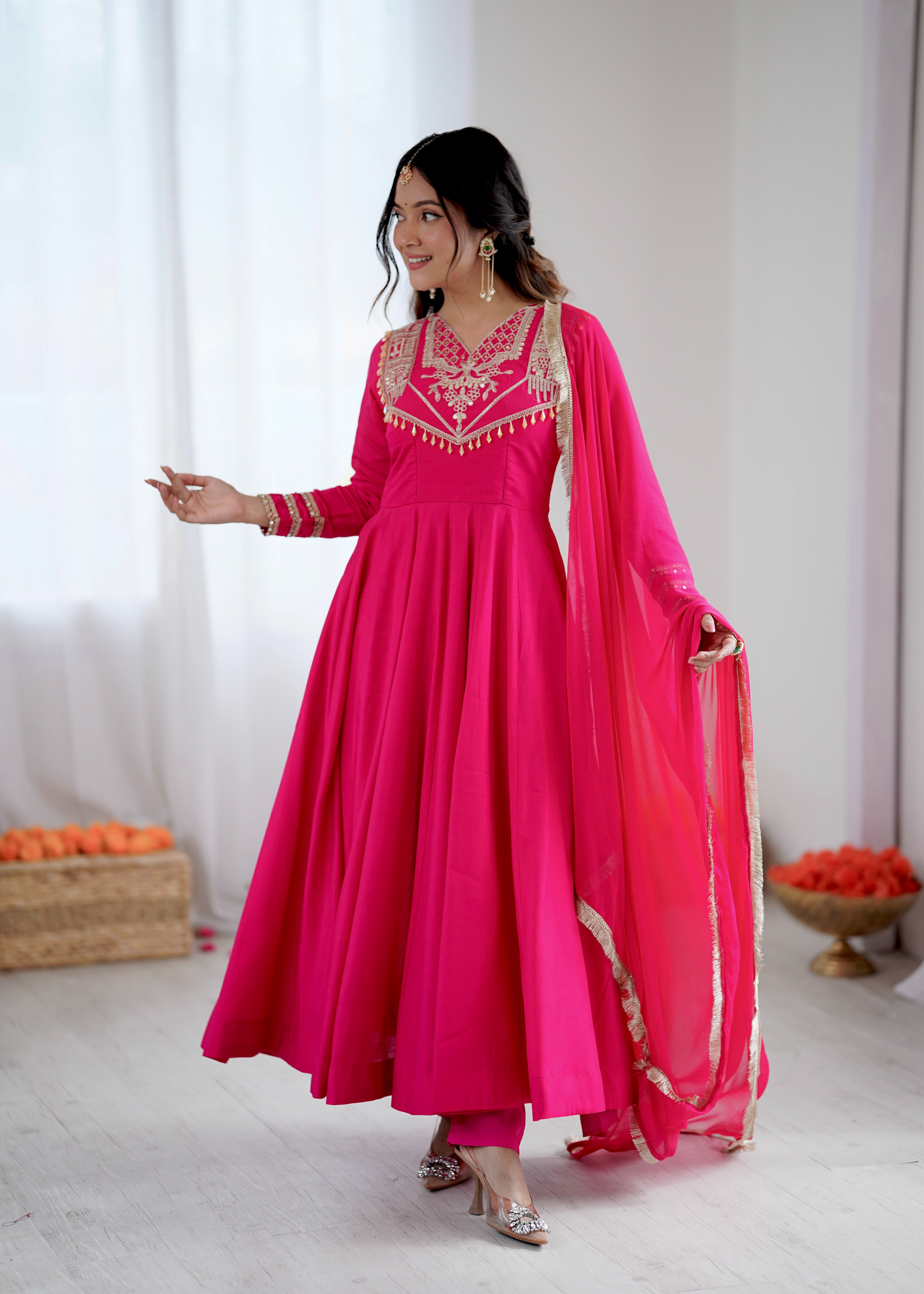 Womenline Fuchsia Royale Embroidered Anarkali Suit Set with Elegant Dupatta