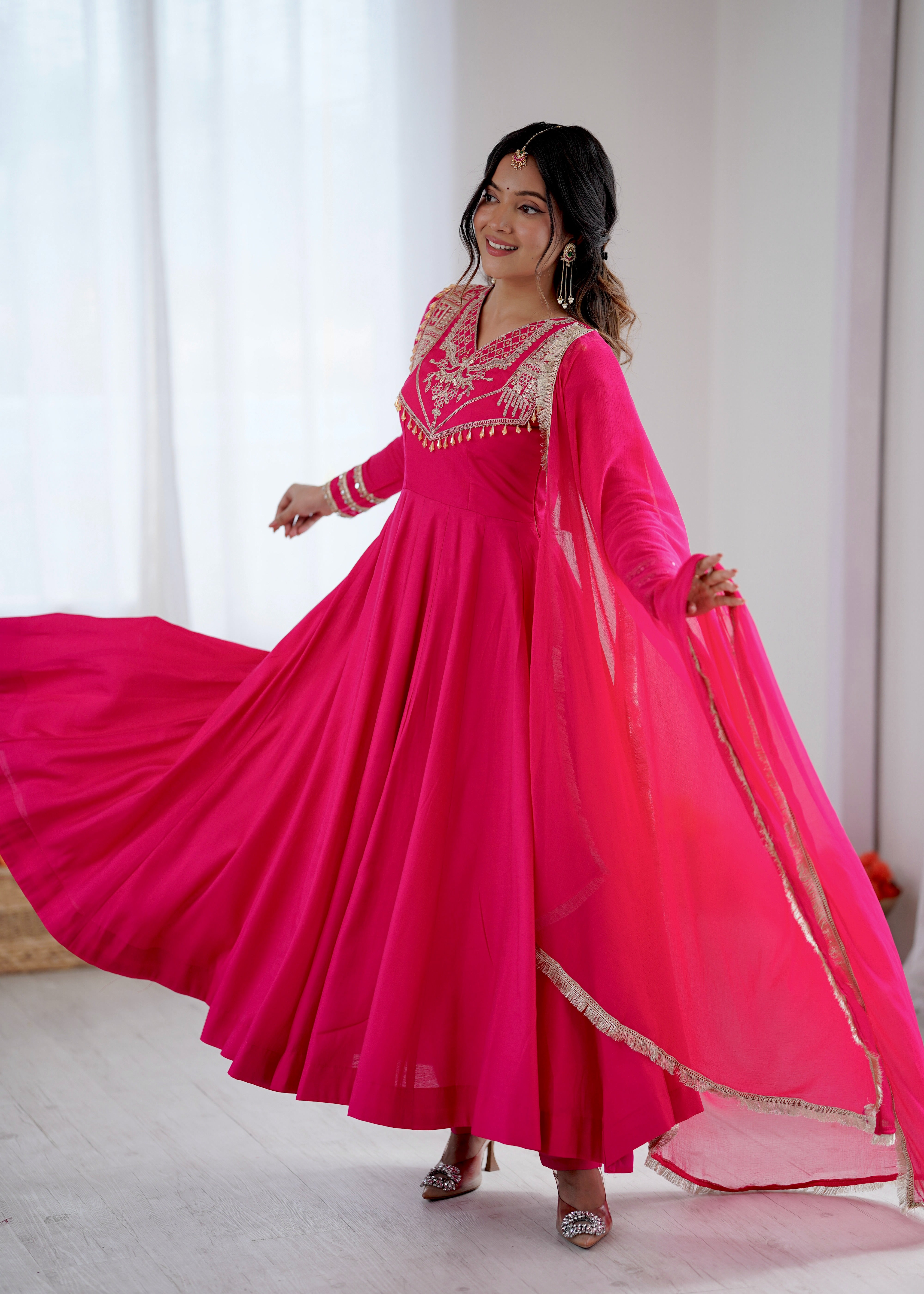 Womenline Fuchsia Royale Embroidered Anarkali Suit Set with Elegant Dupatta