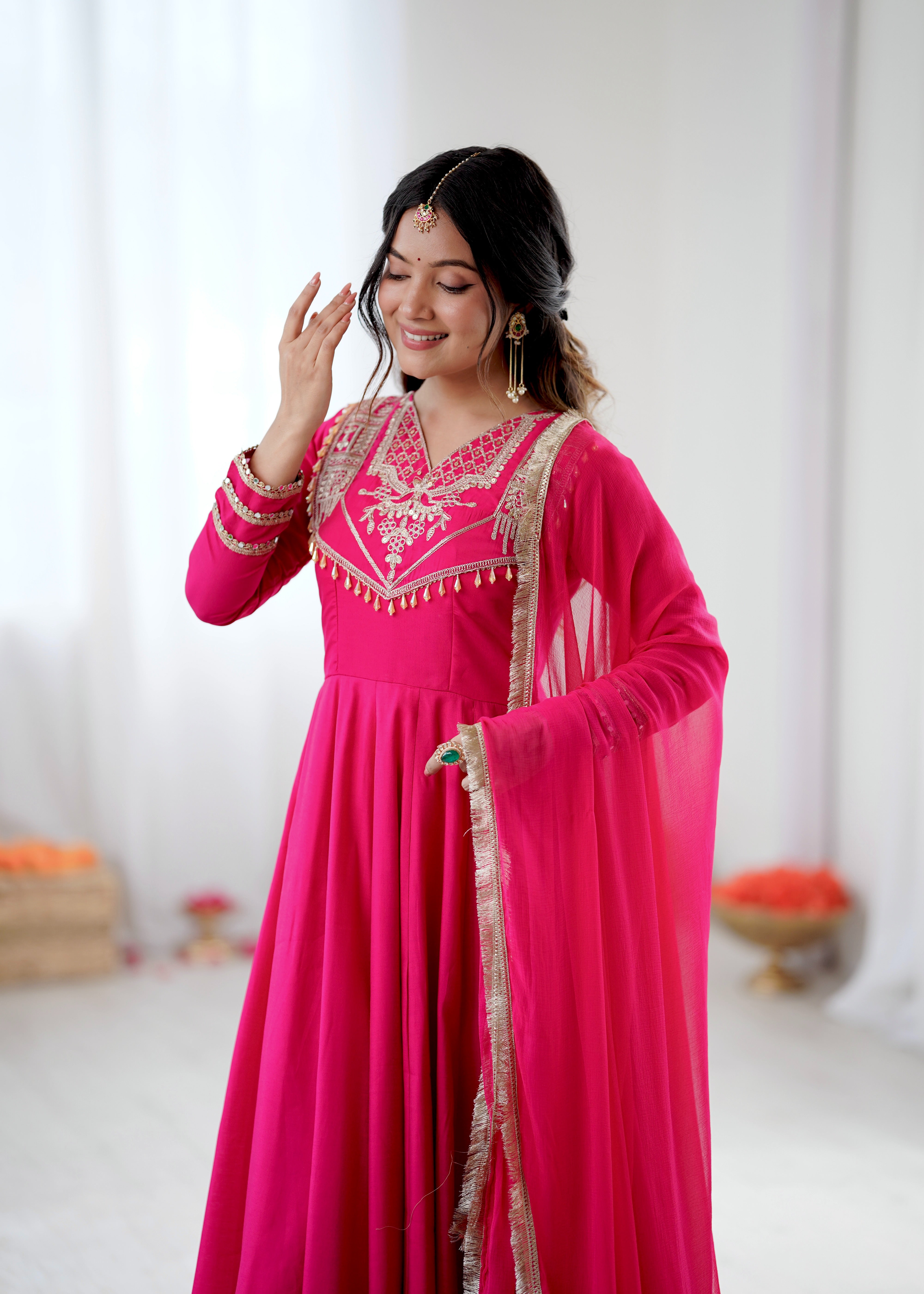 Womenline Fuchsia Royale Embroidered Anarkali Suit Set with Elegant Dupatta