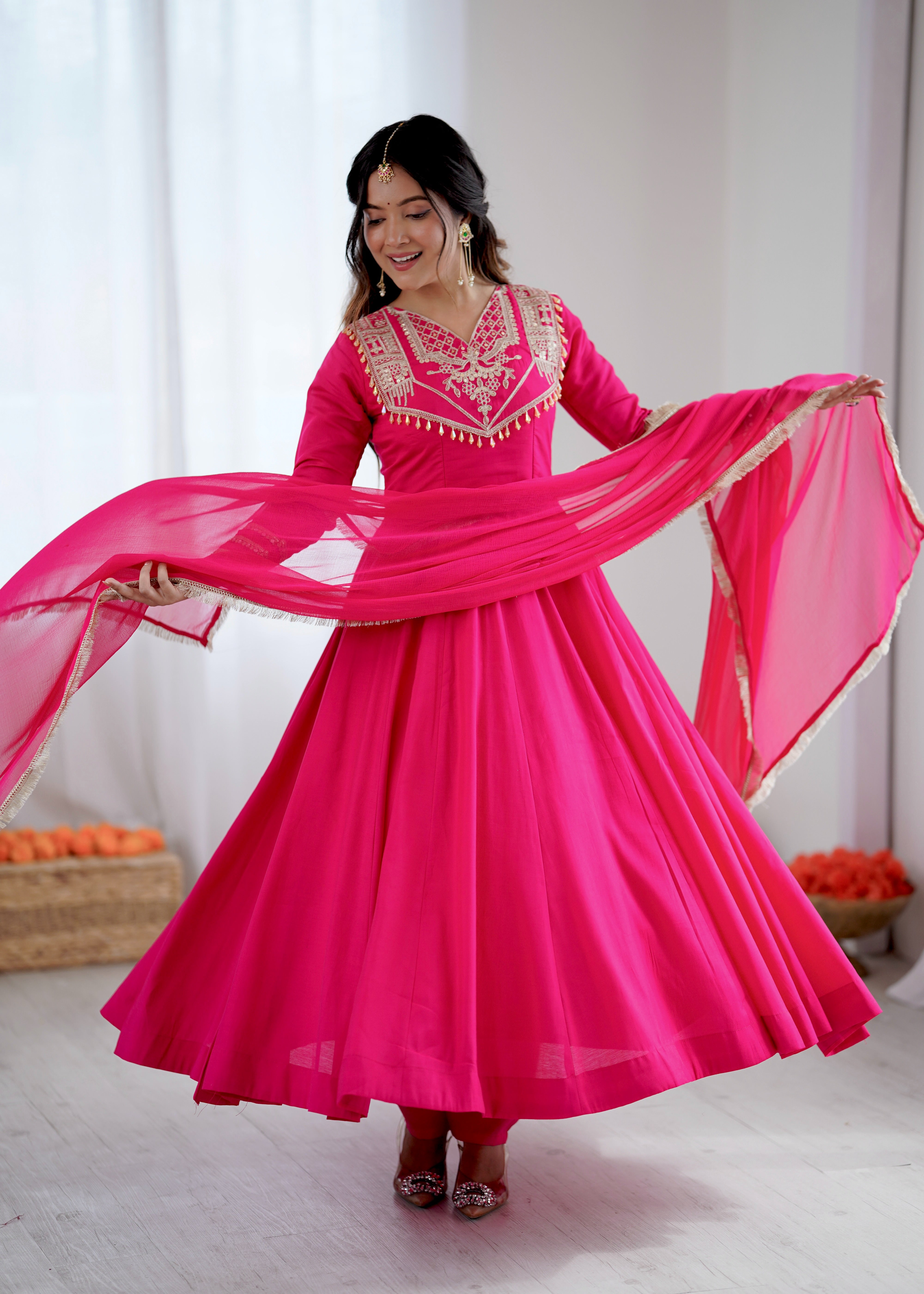 Womenline Fuchsia Royale Embroidered Anarkali Suit Set with Elegant Dupatta