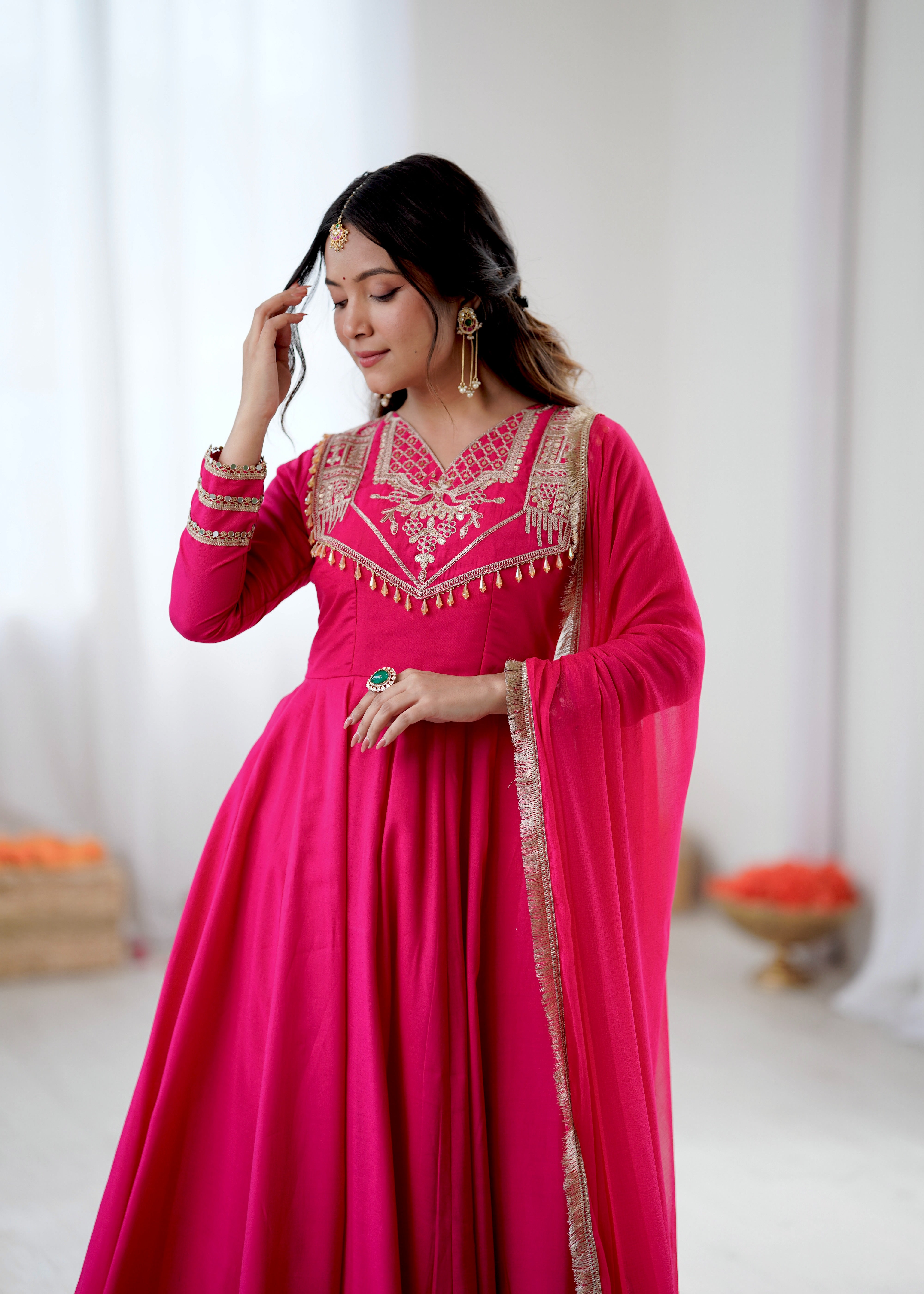 Womenline Fuchsia Royale Embroidered Anarkali Suit Set with Elegant Dupatta
