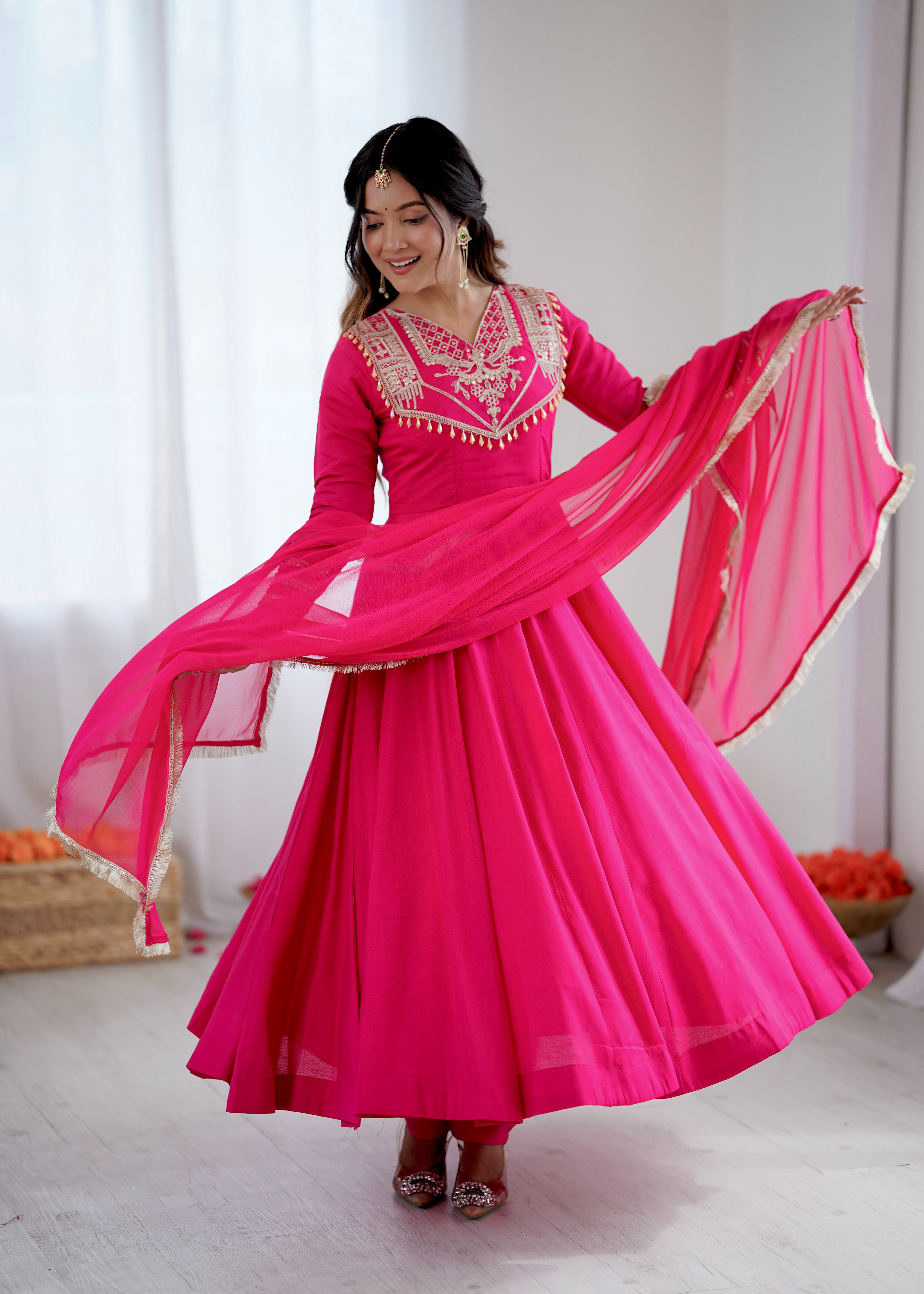 Womenline Fuchsia Royale Embroidered Anarkali Suit Set with Elegant Dupatta