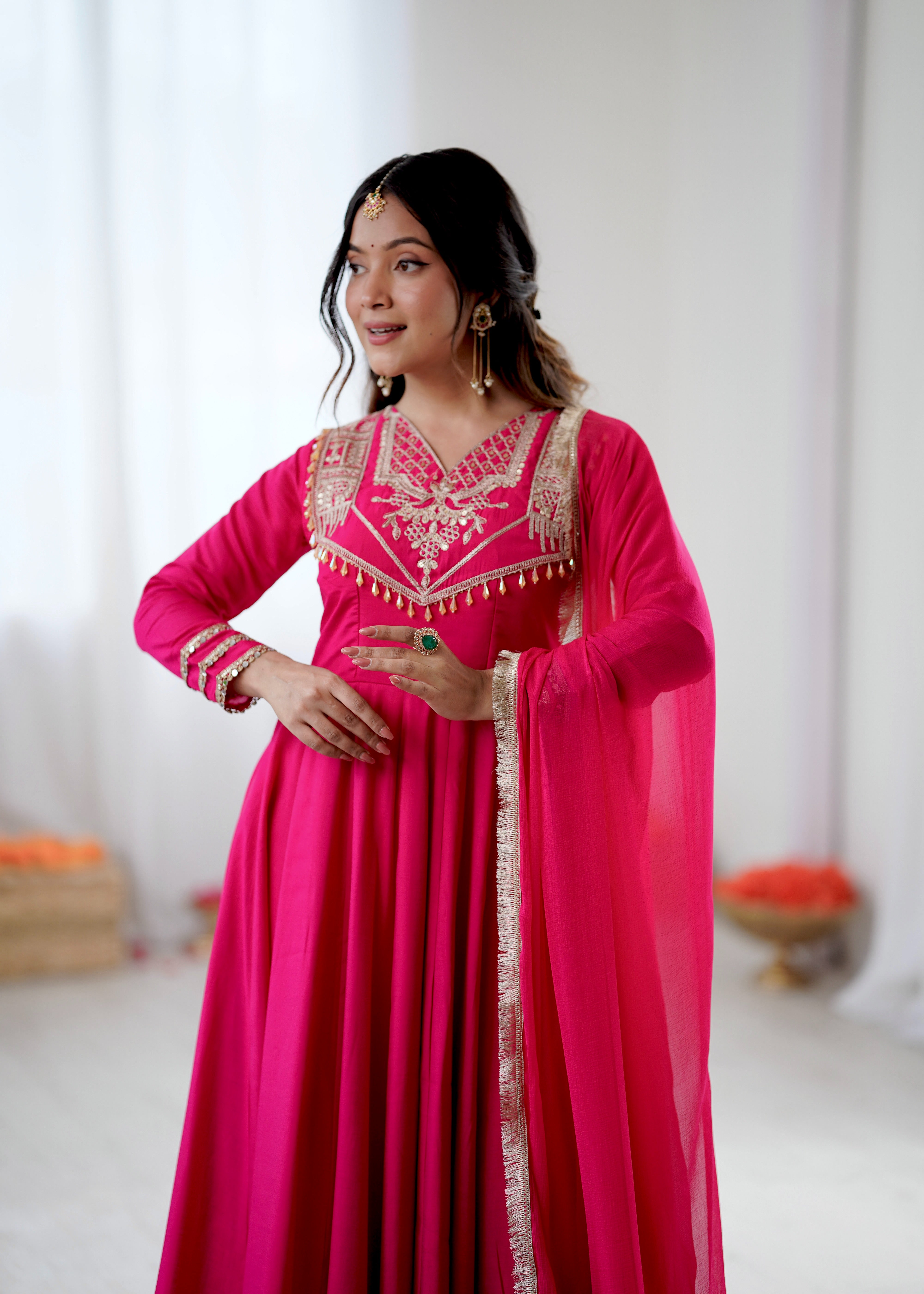 Womenline Fuchsia Royale Embroidered Anarkali Suit Set with Elegant Dupatta