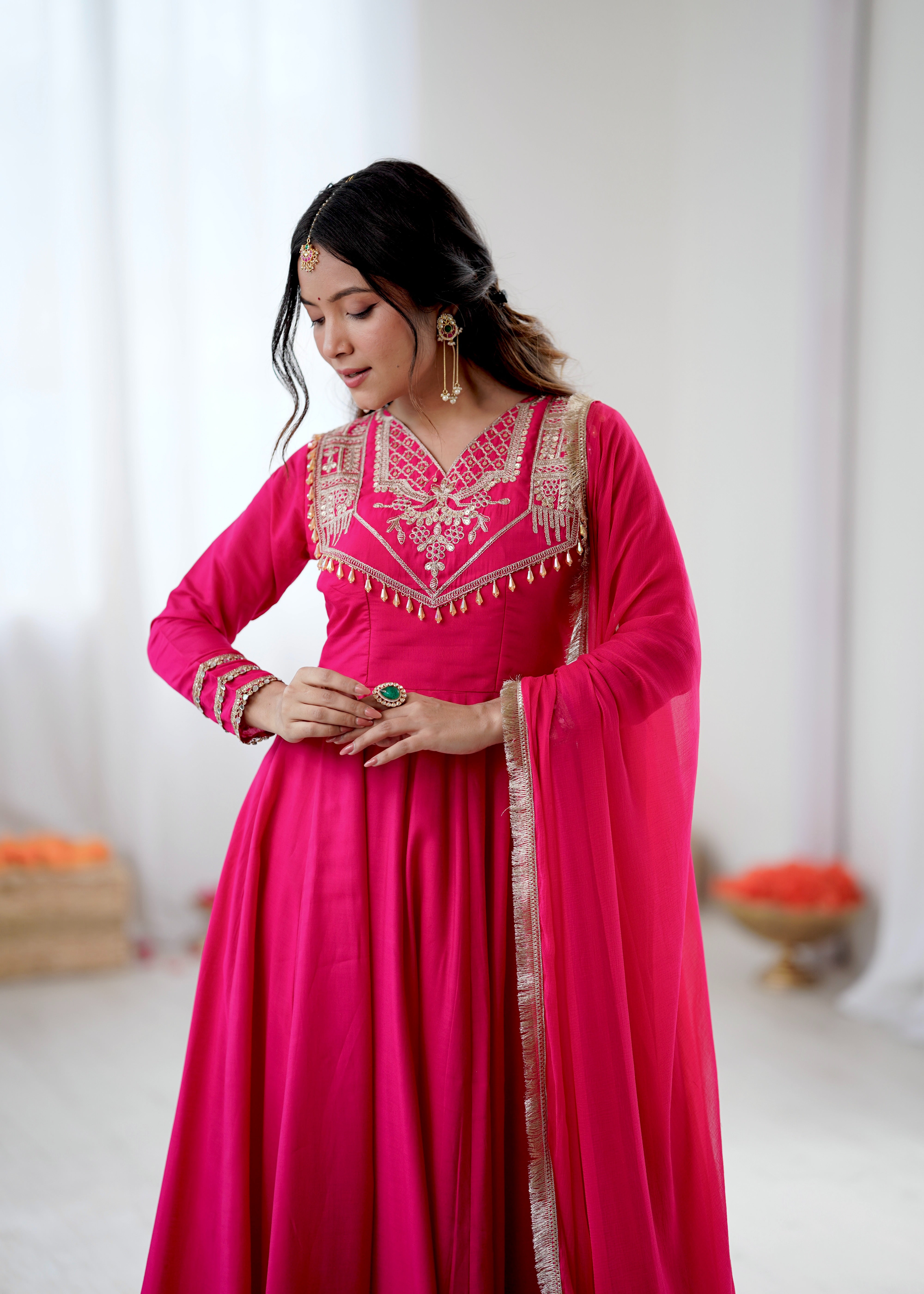 Womenline Fuchsia Royale Embroidered Anarkali Suit Set with Elegant Dupatta
