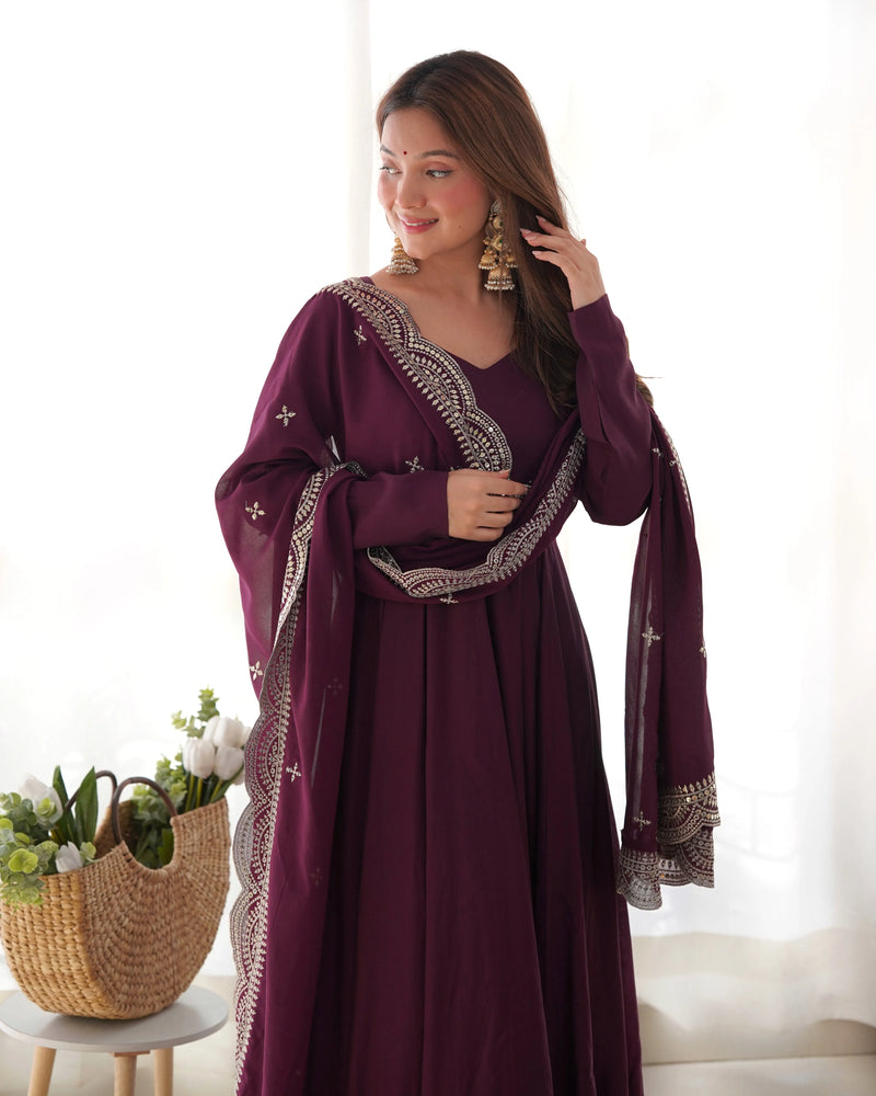 Womenline Beautiful Wine Color Pure Chanderi Silk Three Piece Anarkali Suit