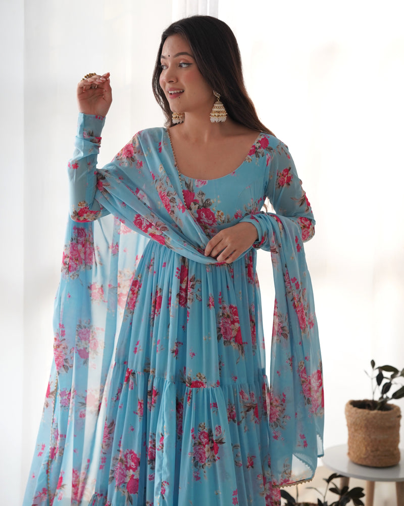 Womenline Sky Blue Color Georgette Three Layer Ruffle Style Anarkali Suit