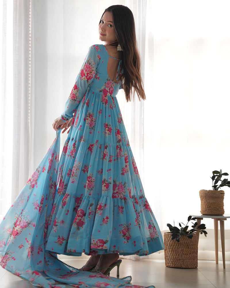 Womenline Sky Blue Color Georgette Three Layer Ruffle Style Anarkali Suit
