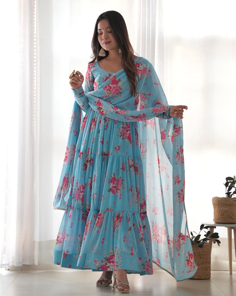 Womenline Sky Blue Color Georgette Three Layer Ruffle Style Anarkali Suit