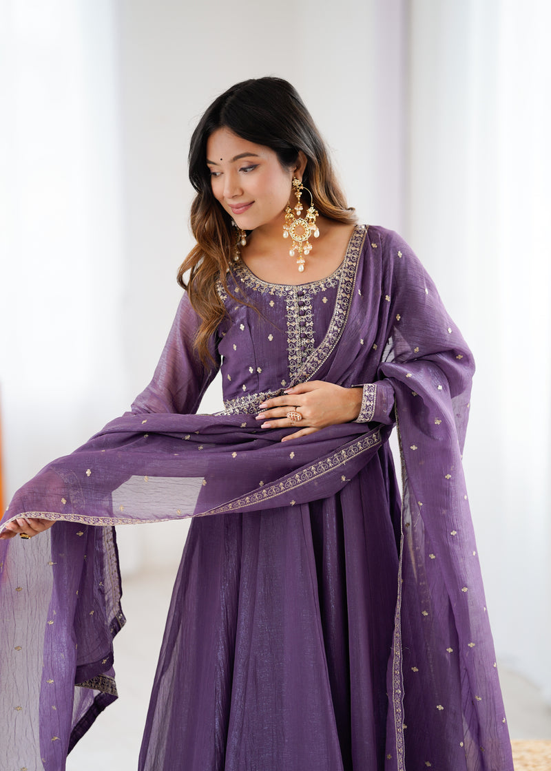 Womenline Dusty Mauve Color Crunchy Silk Three Piece Anarkali Suit