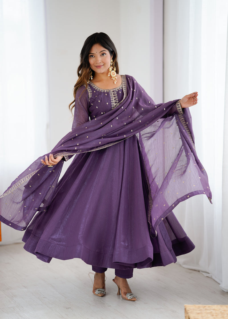 Womenline Dusty Mauve Color Crunchy Silk Three Piece Anarkali Suit