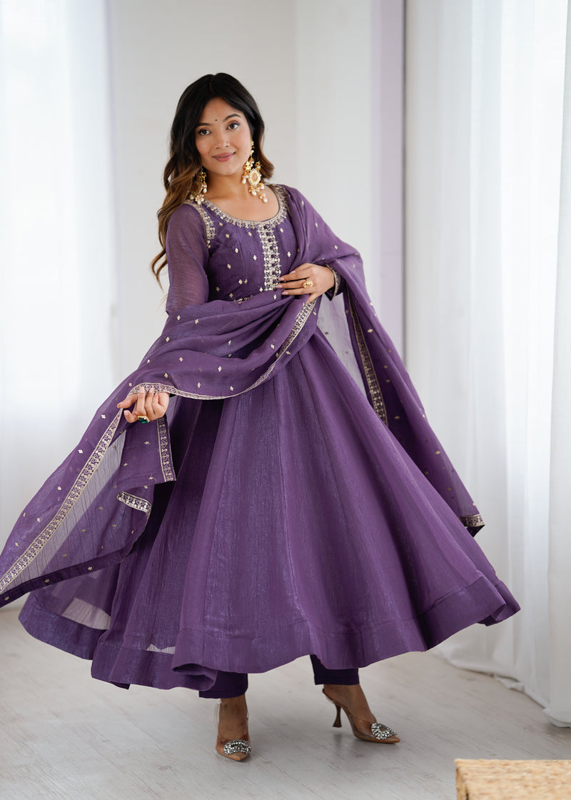 Womenline Dusty Mauve Color Crunchy Silk Three Piece Anarkali Suit