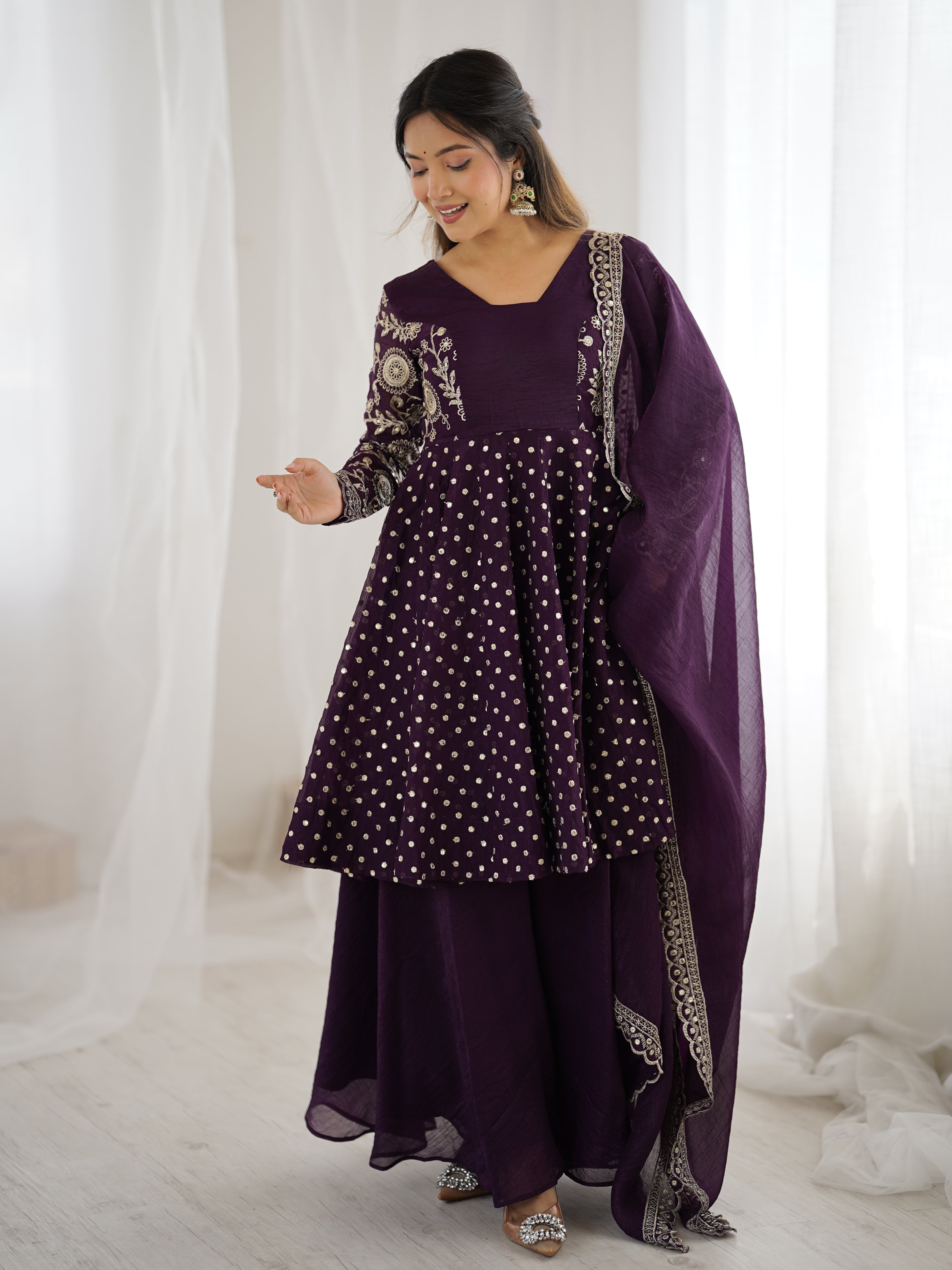 Womenline Royal Aubergine Designer Sharara Suit Set with Embroidered Dupatta