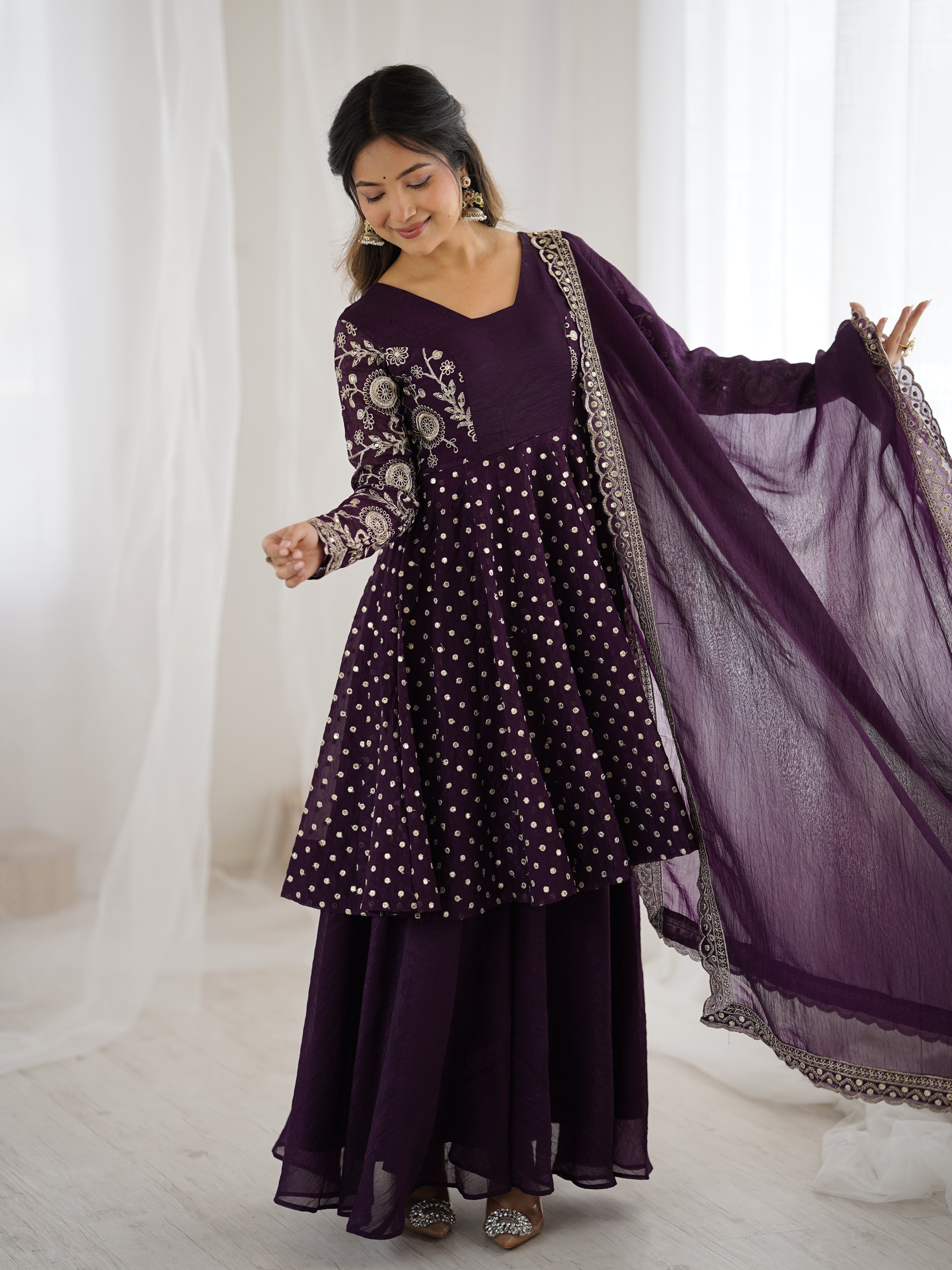 Womenline Royal Aubergine Designer Sharara Suit Set with Embroidered Dupatta
