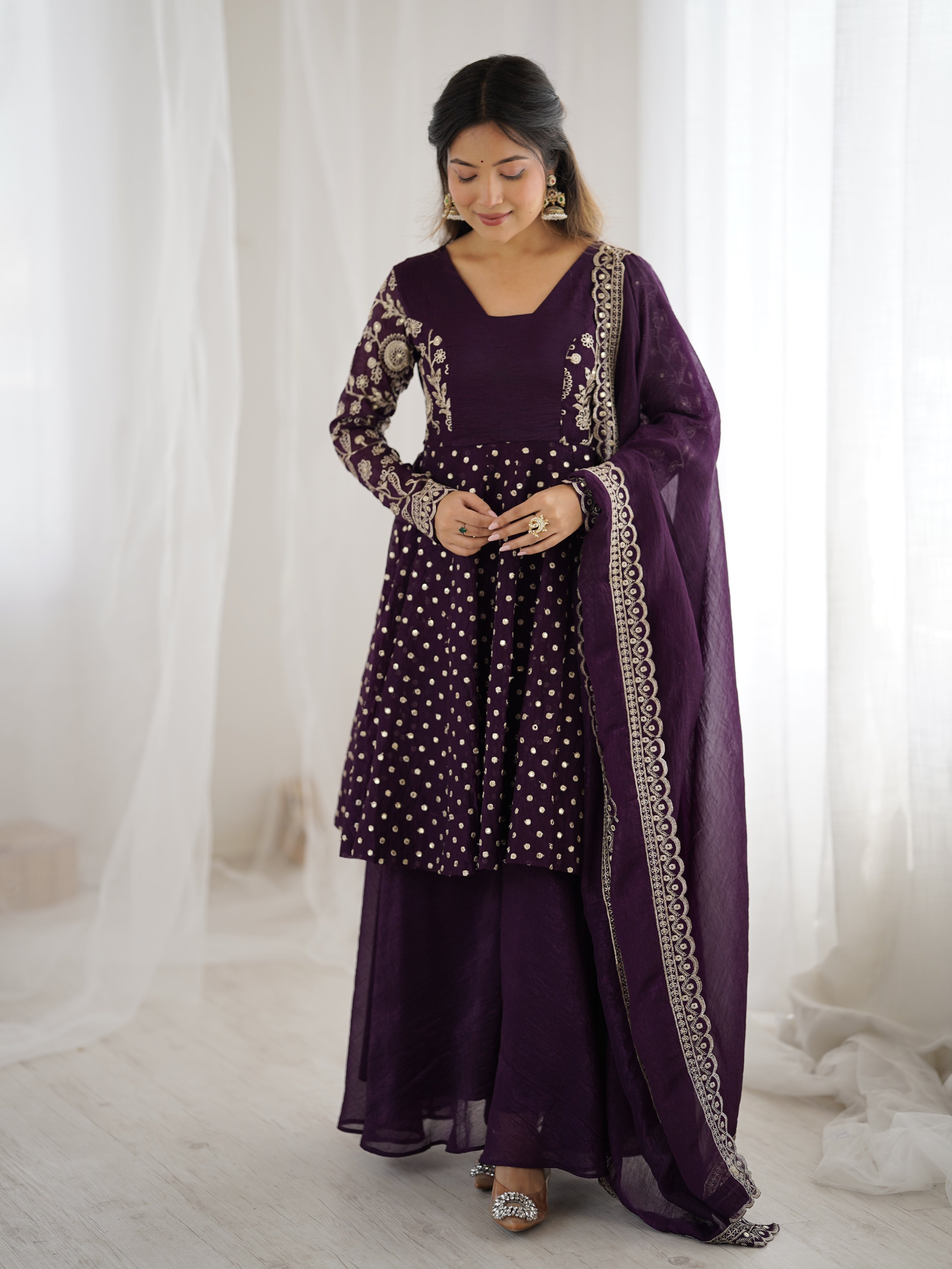 Womenline Royal Aubergine Designer Sharara Suit Set with Embroidered Dupatta