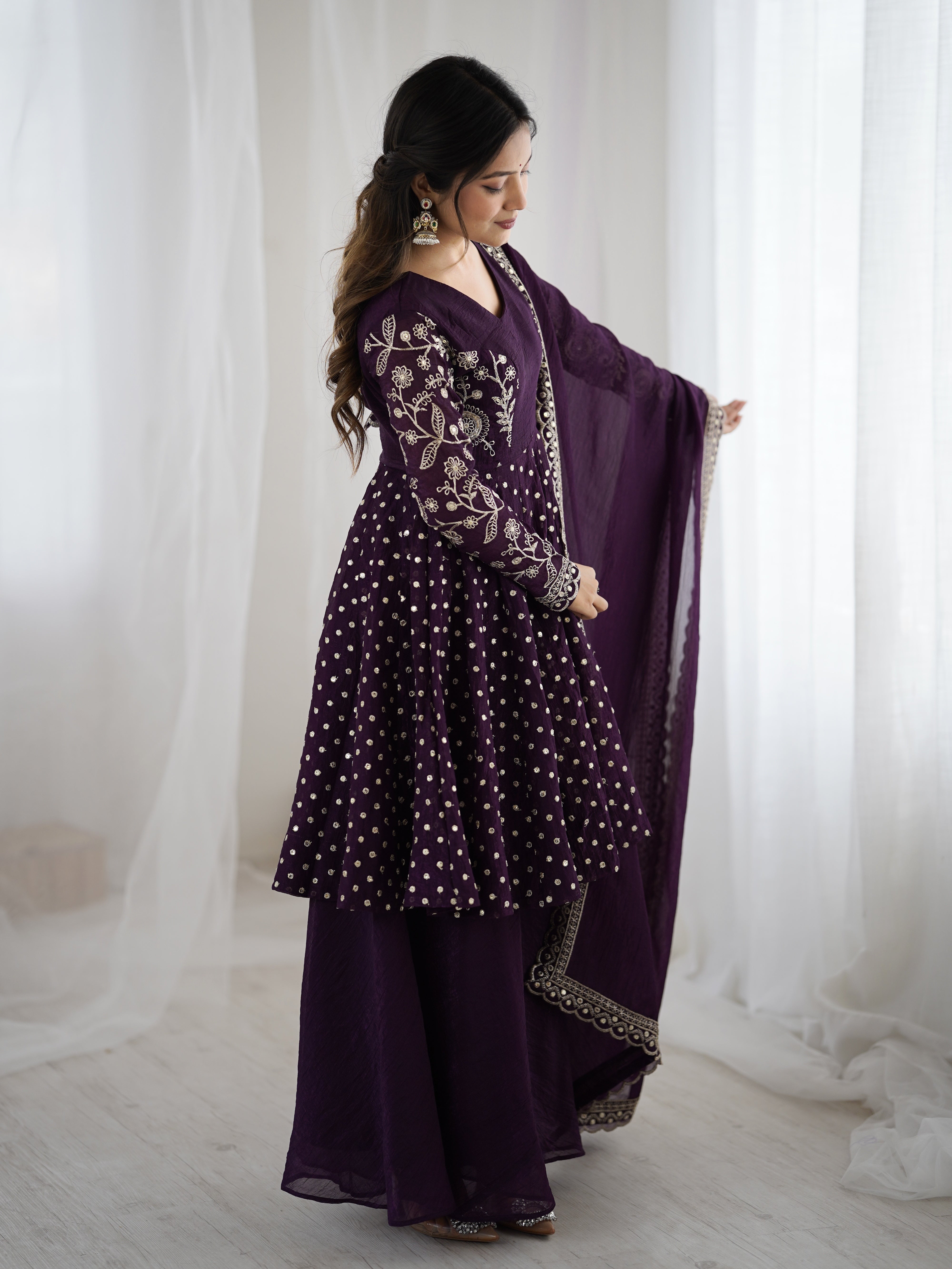 Womenline Royal Aubergine Designer Sharara Suit Set with Embroidered Dupatta