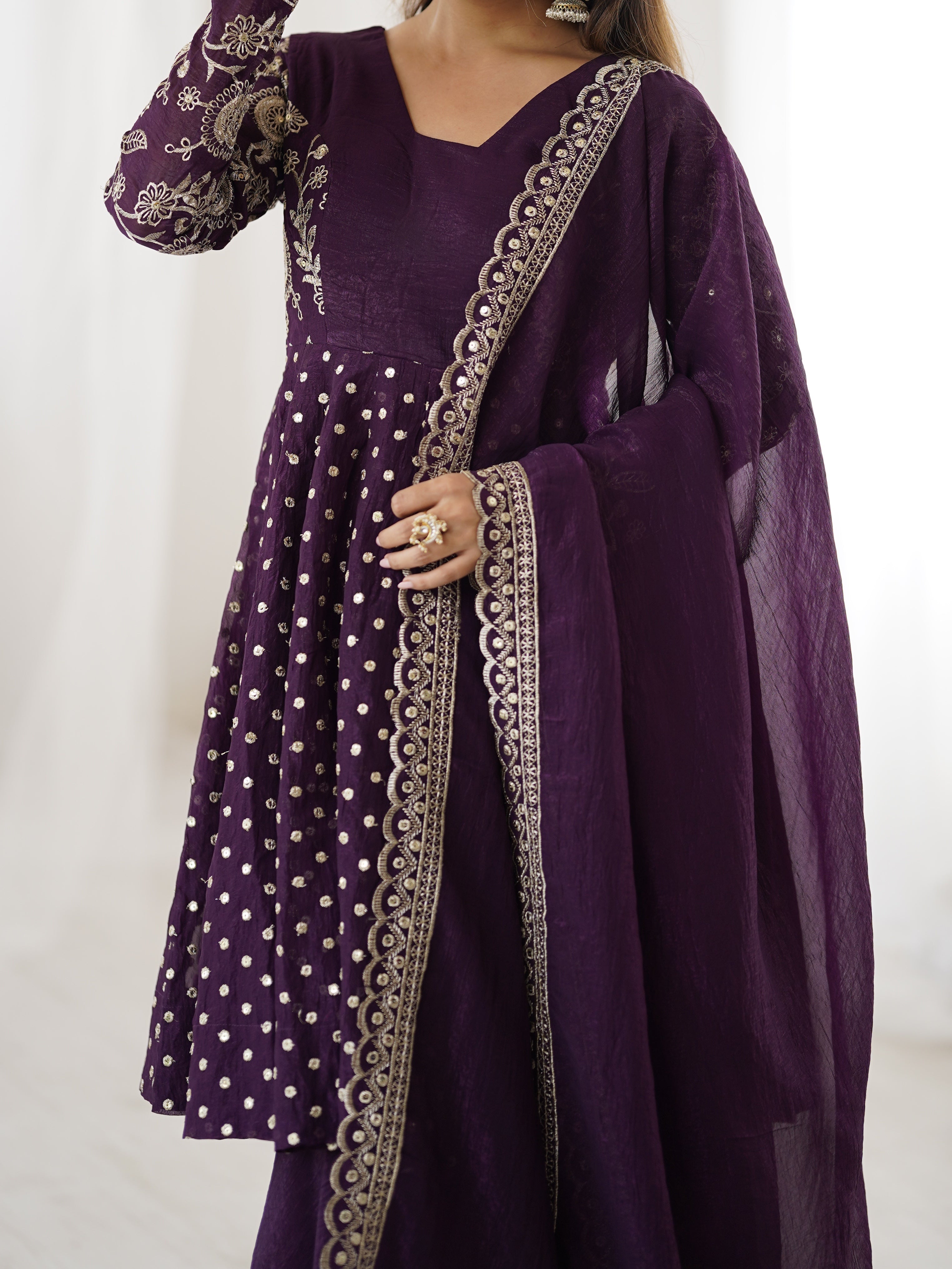 Womenline Royal Aubergine Designer Sharara Suit Set with Embroidered Dupatta