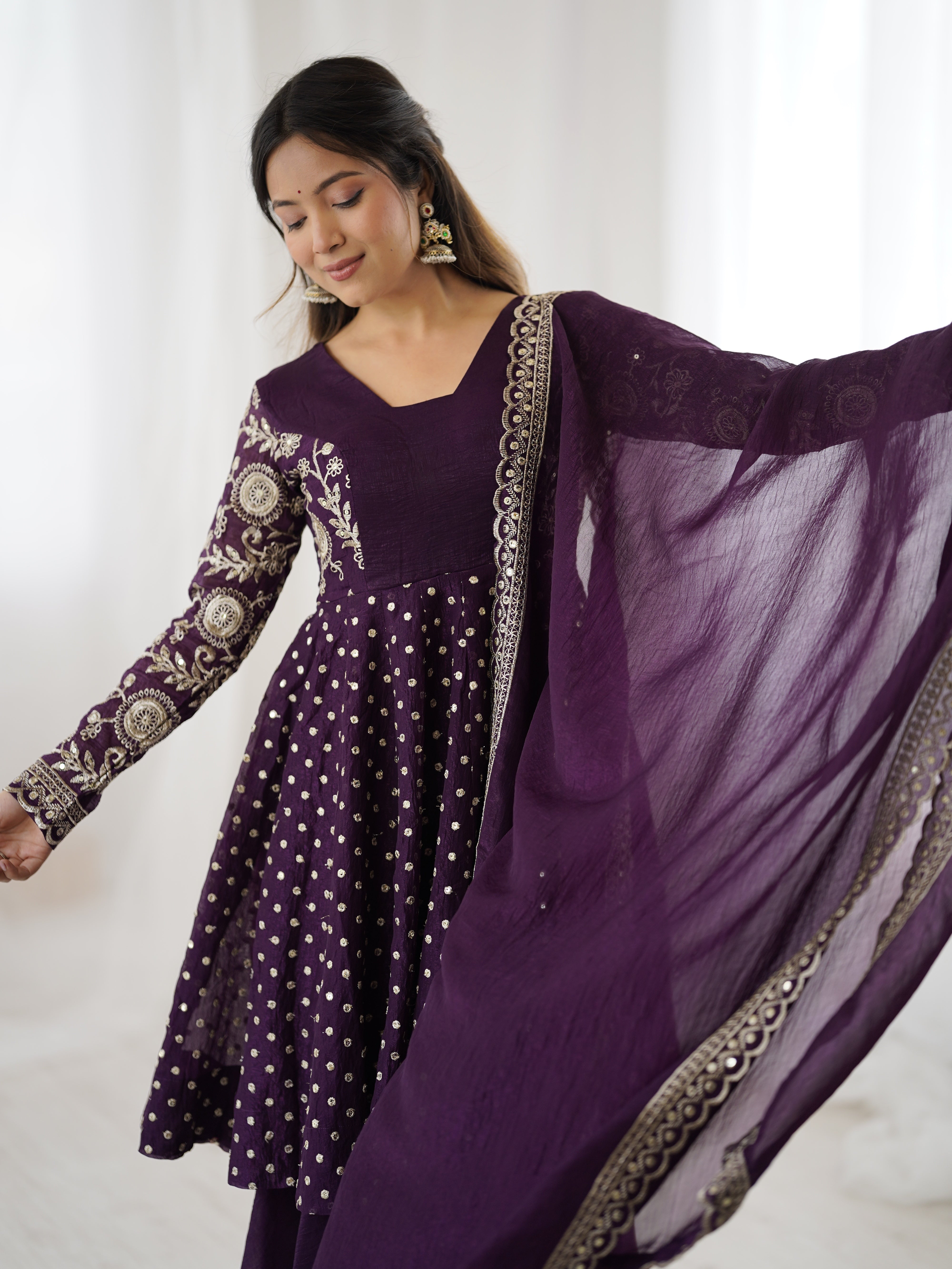 Womenline Royal Aubergine Designer Sharara Suit Set with Embroidered Dupatta