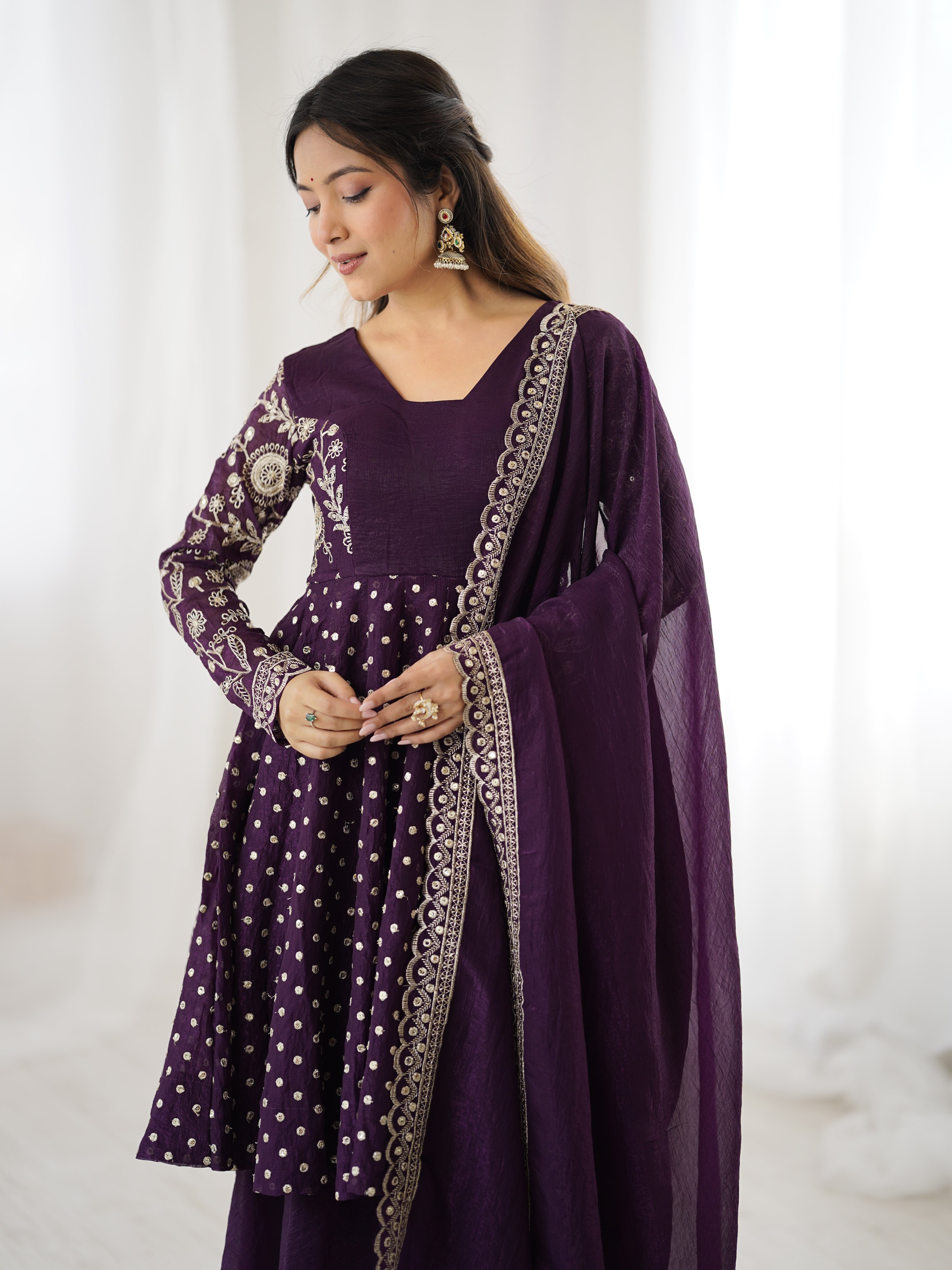 Womenline Royal Aubergine Designer Sharara Suit Set with Embroidered Dupatta