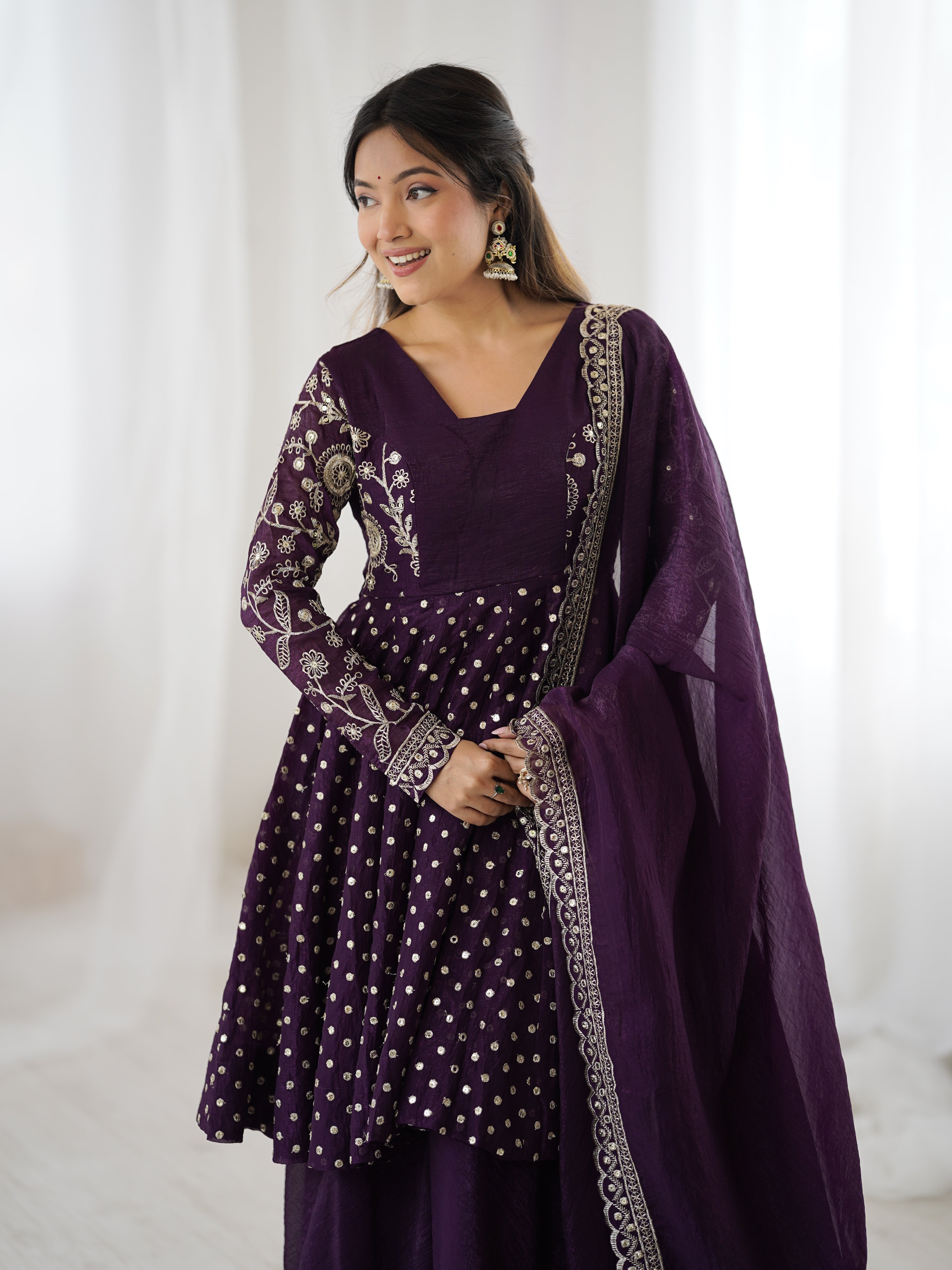 Womenline Royal Aubergine Designer Sharara Suit Set with Embroidered Dupatta