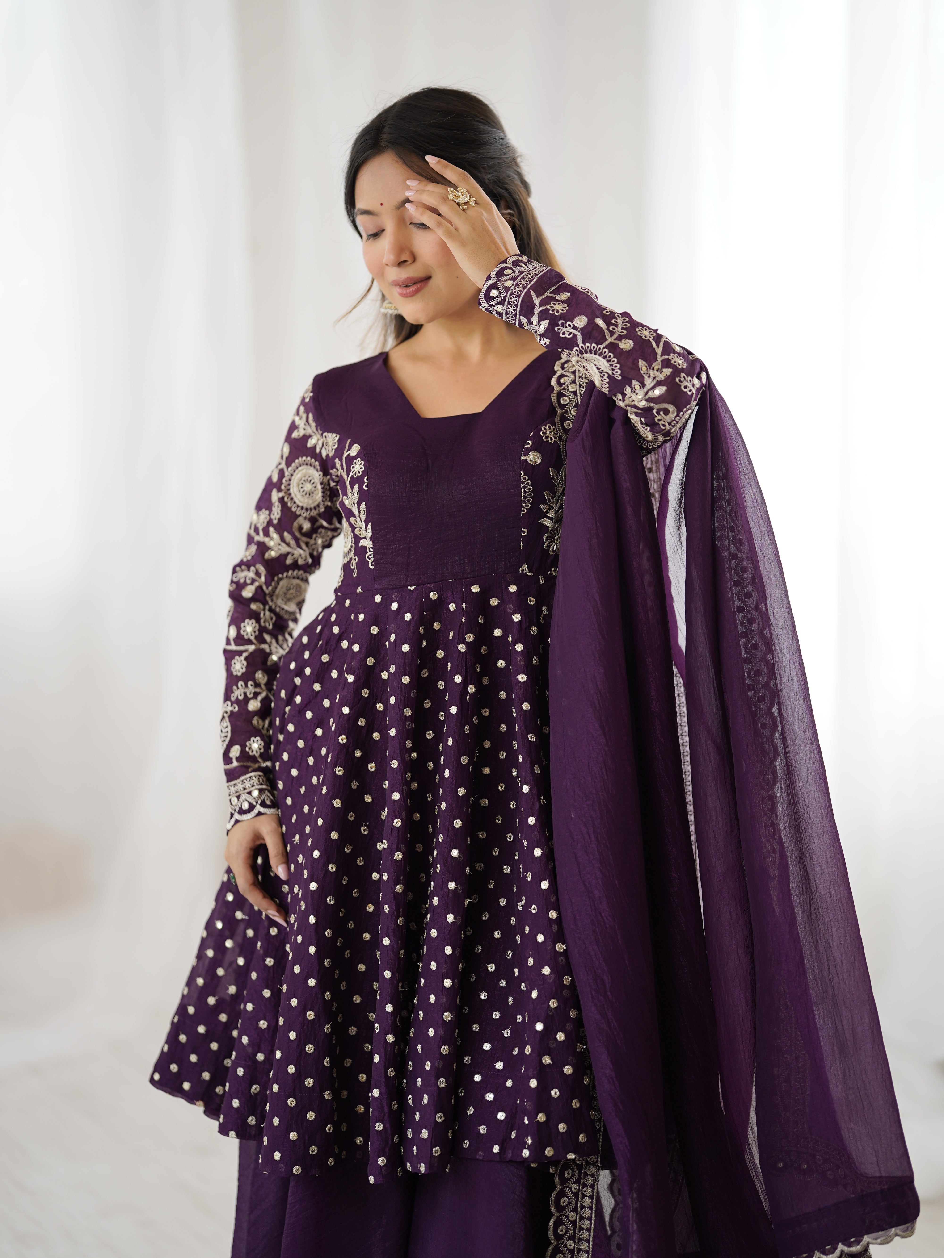 Womenline Royal Aubergine Designer Sharara Suit Set with Embroidered Dupatta