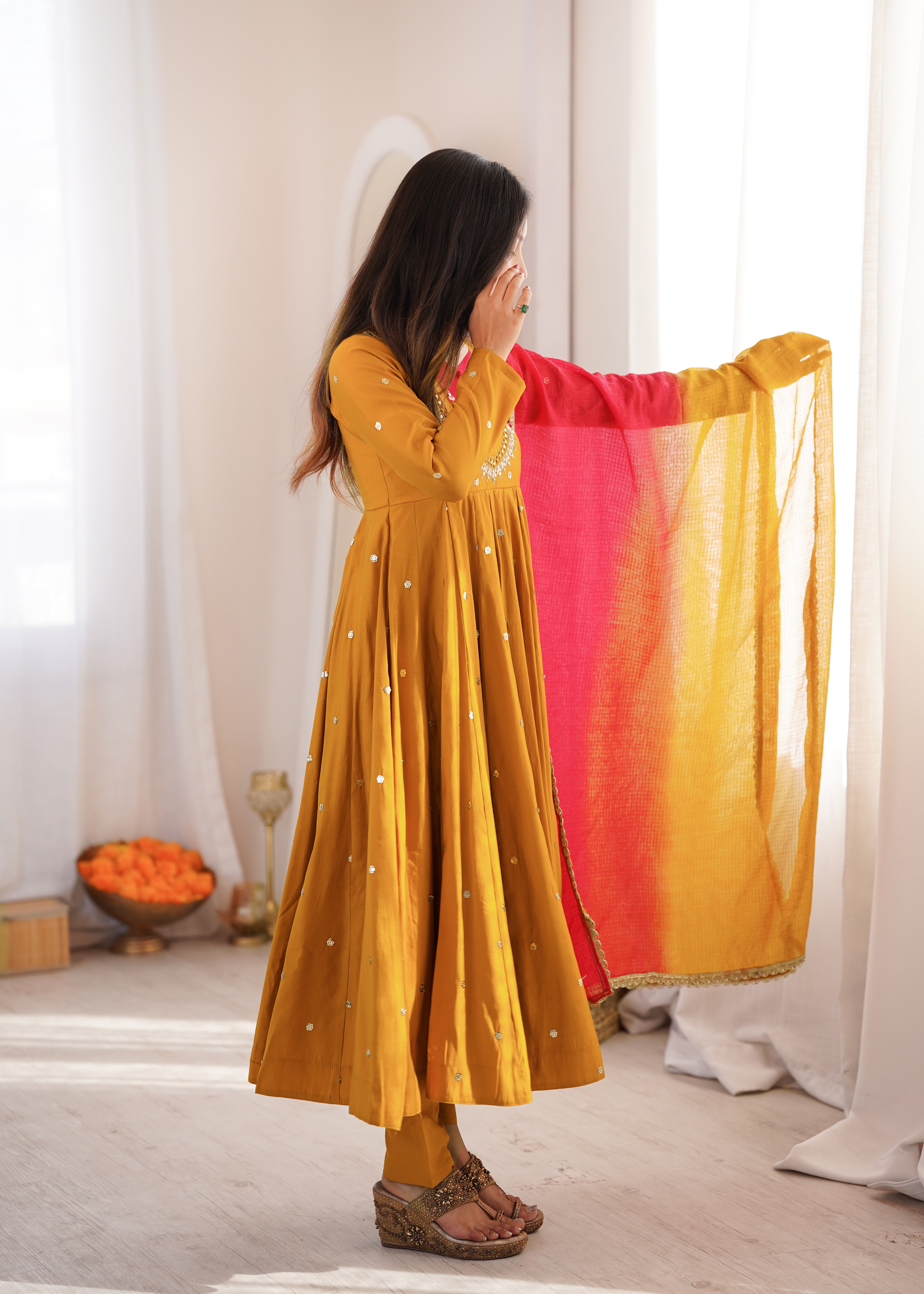 Womenline Mustard Yellow Anarkali Suit With Dupatta