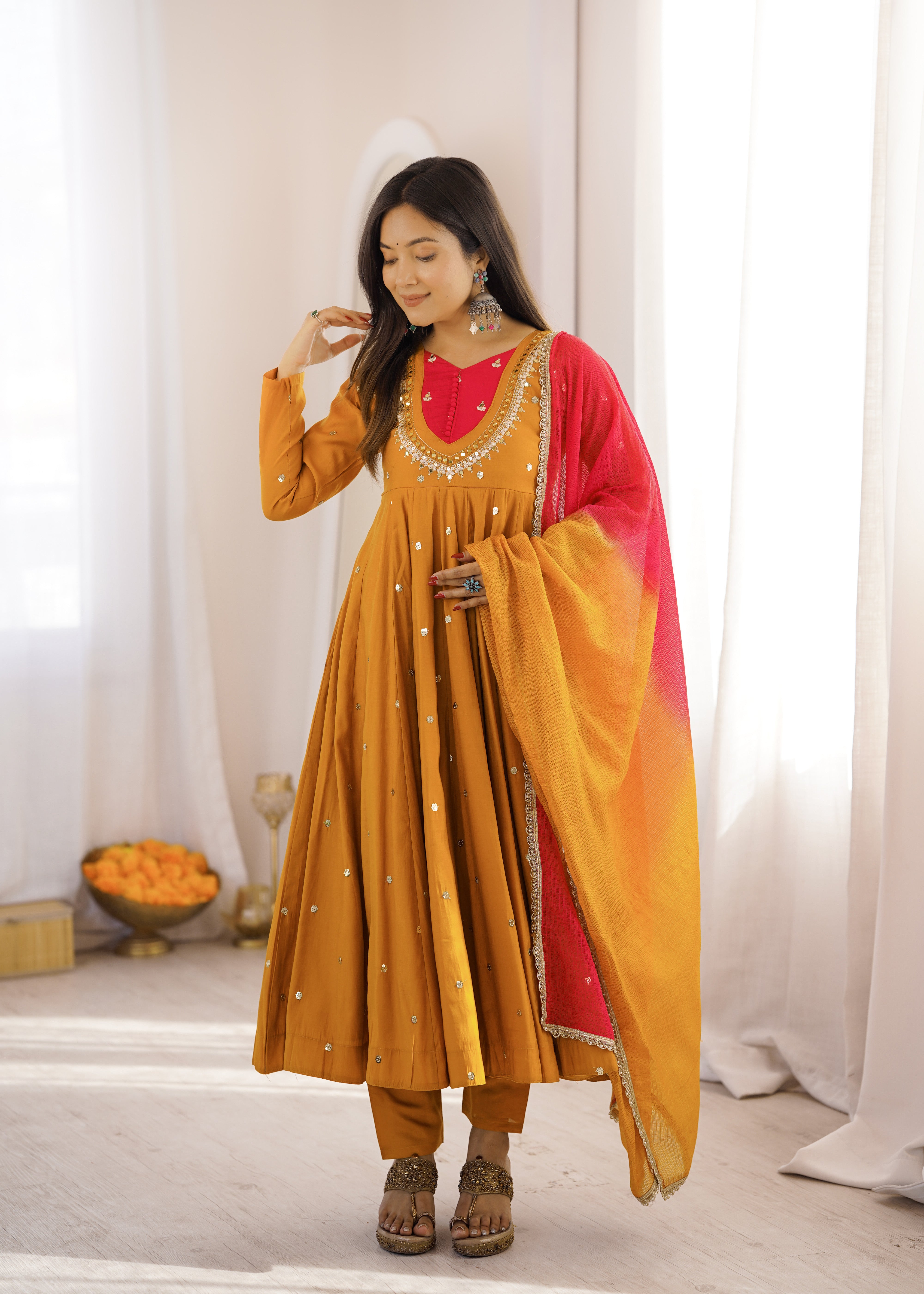 Womenline Mustard Yellow Anarkali Suit With Dupatta
