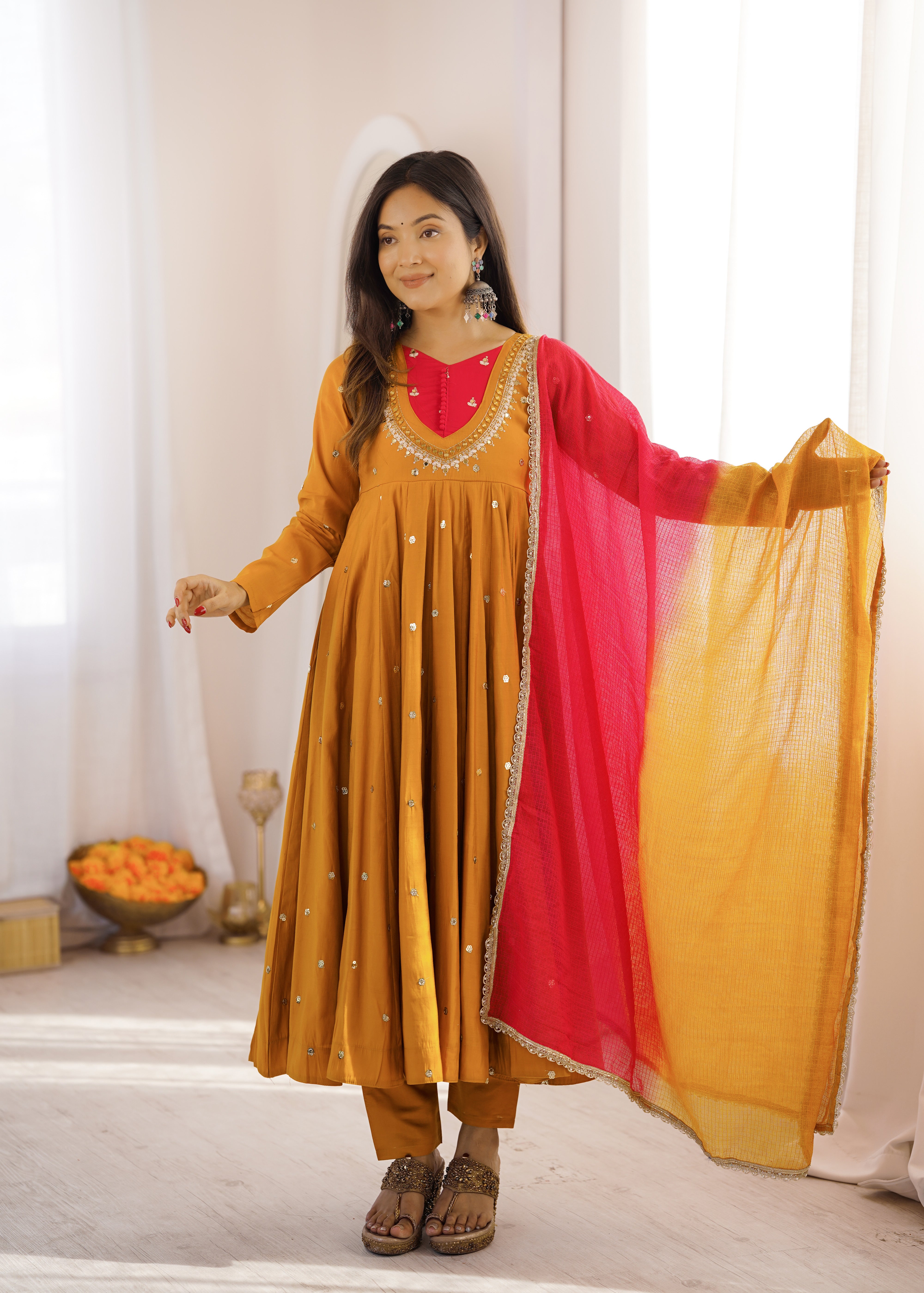 Womenline Mustard Yellow Anarkali Suit With Dupatta