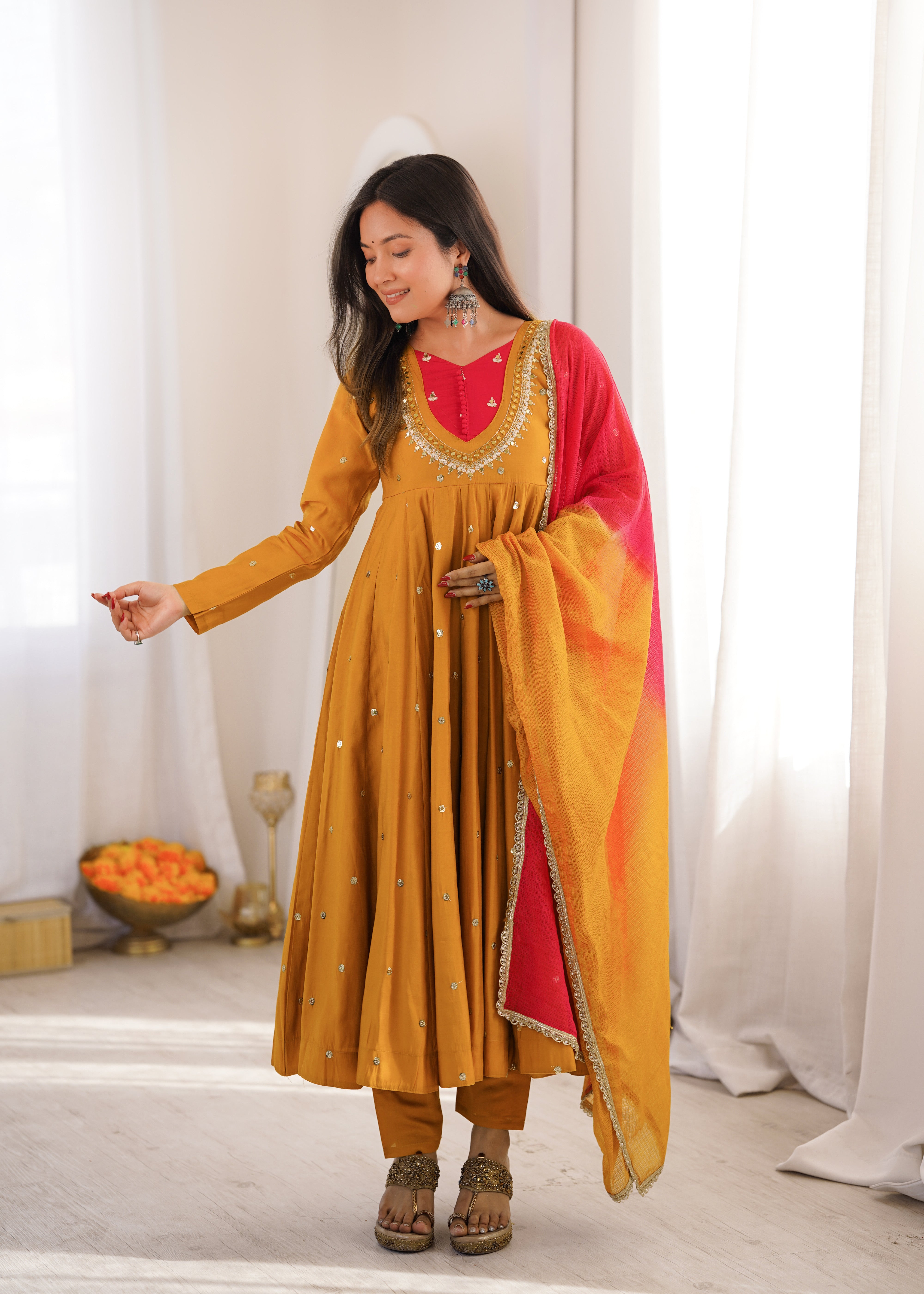 Womenline Mustard Yellow Anarkali Suit With Dupatta