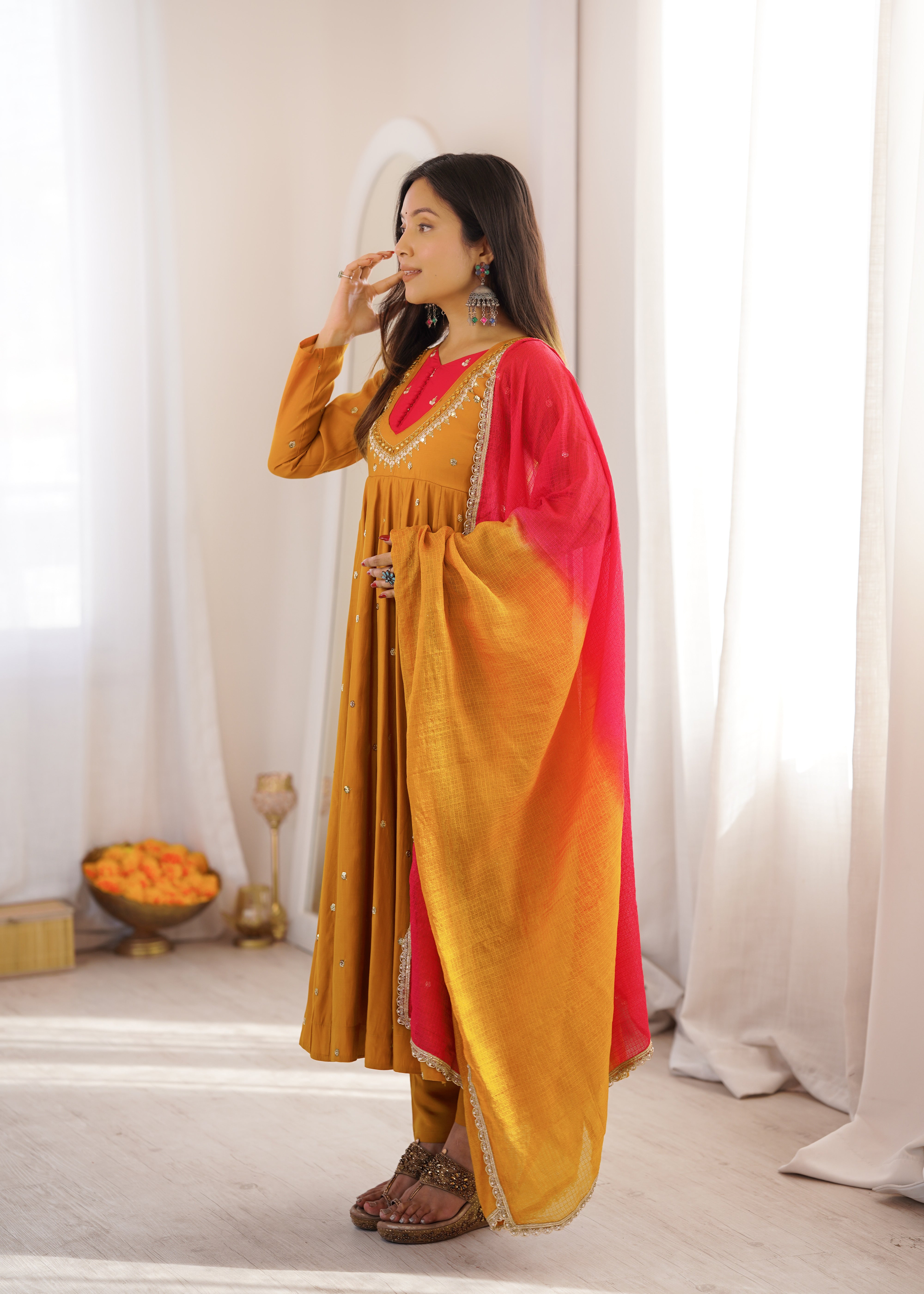 Womenline Mustard Yellow Anarkali Suit With Dupatta