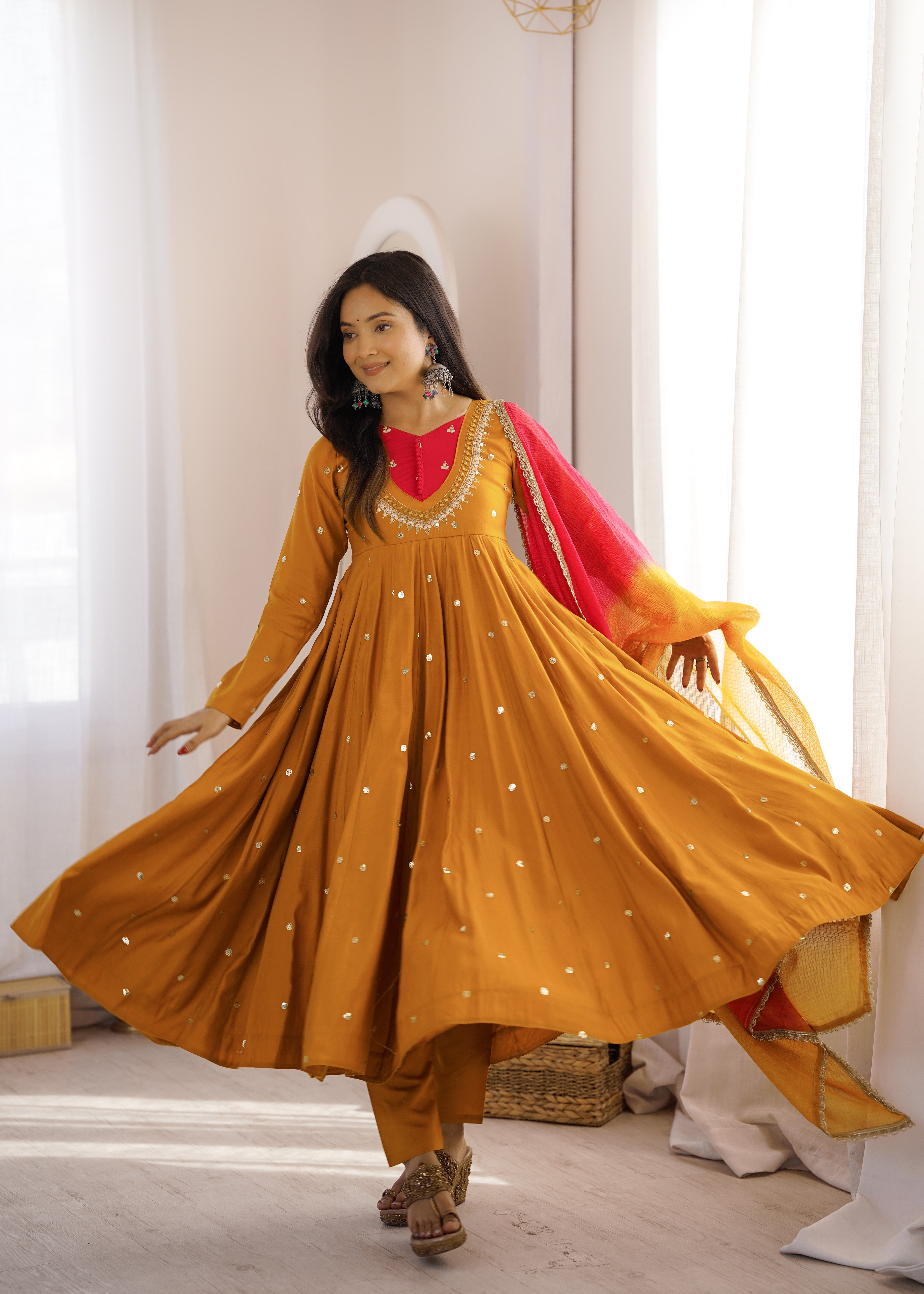 Womenline Mustard Yellow Anarkali Suit With Dupatta