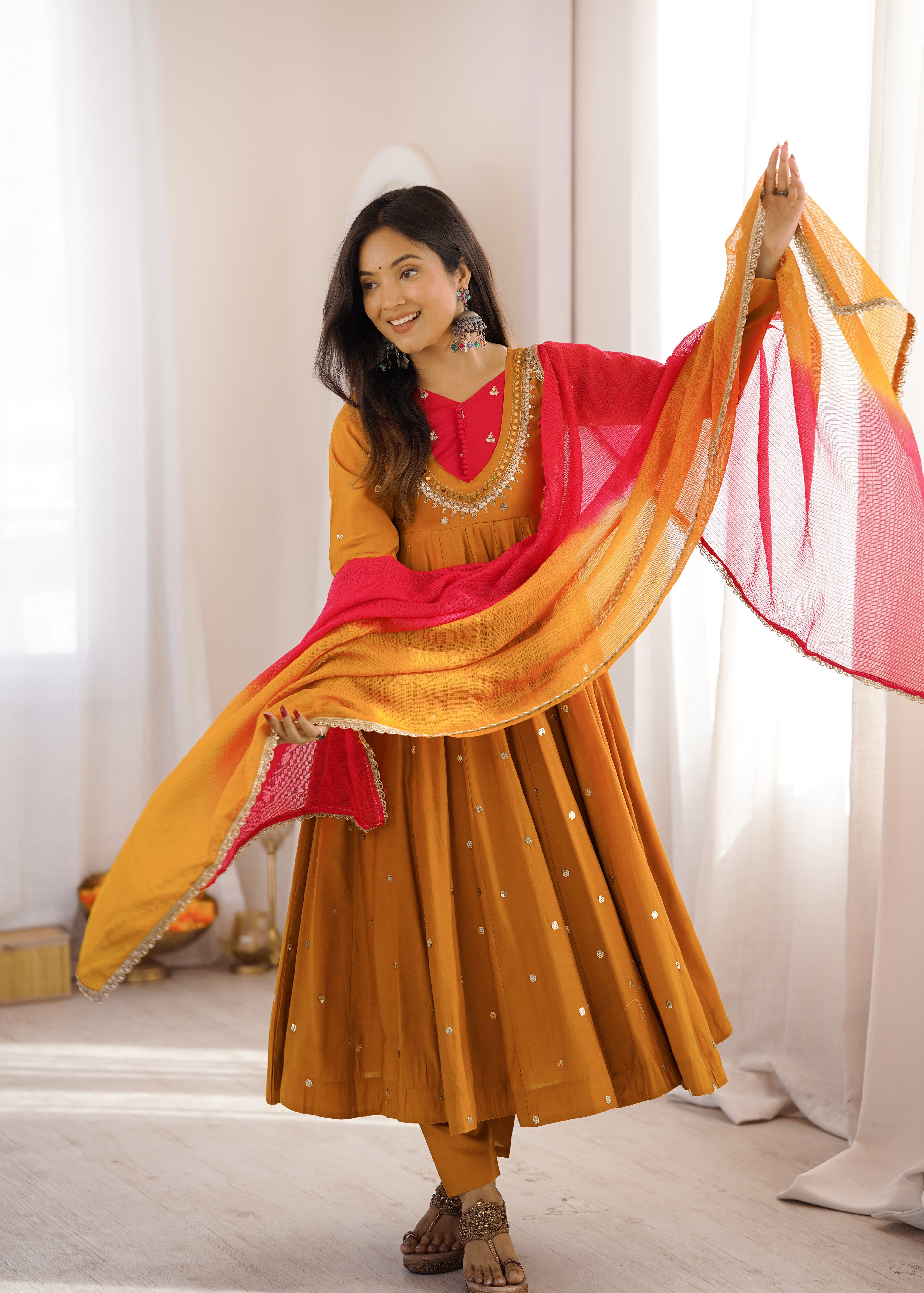 Womenline Mustard Yellow Anarkali Suit With Dupatta