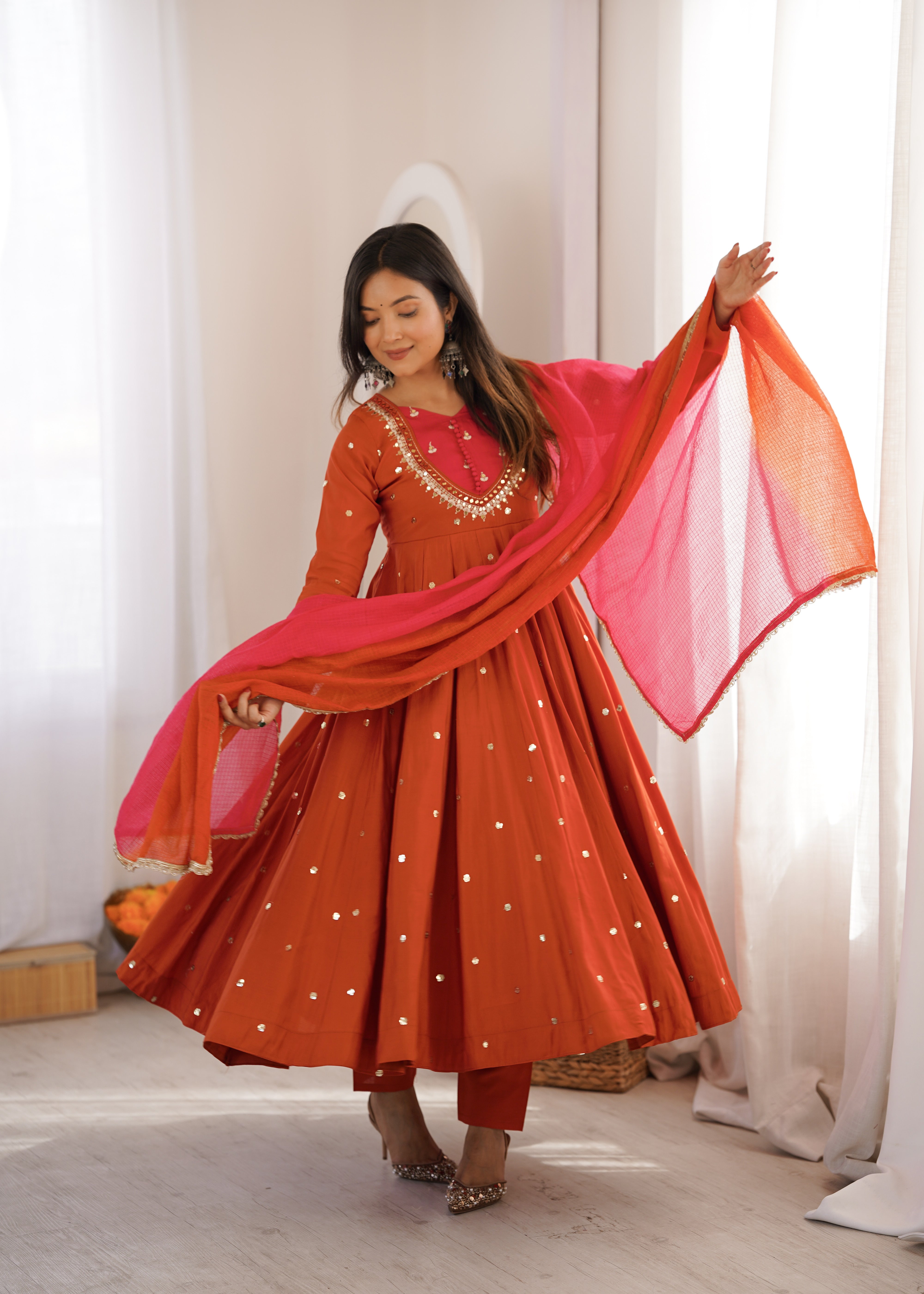 Womenline Rust Orange Festive Anarkali Suit Set with Dupatta