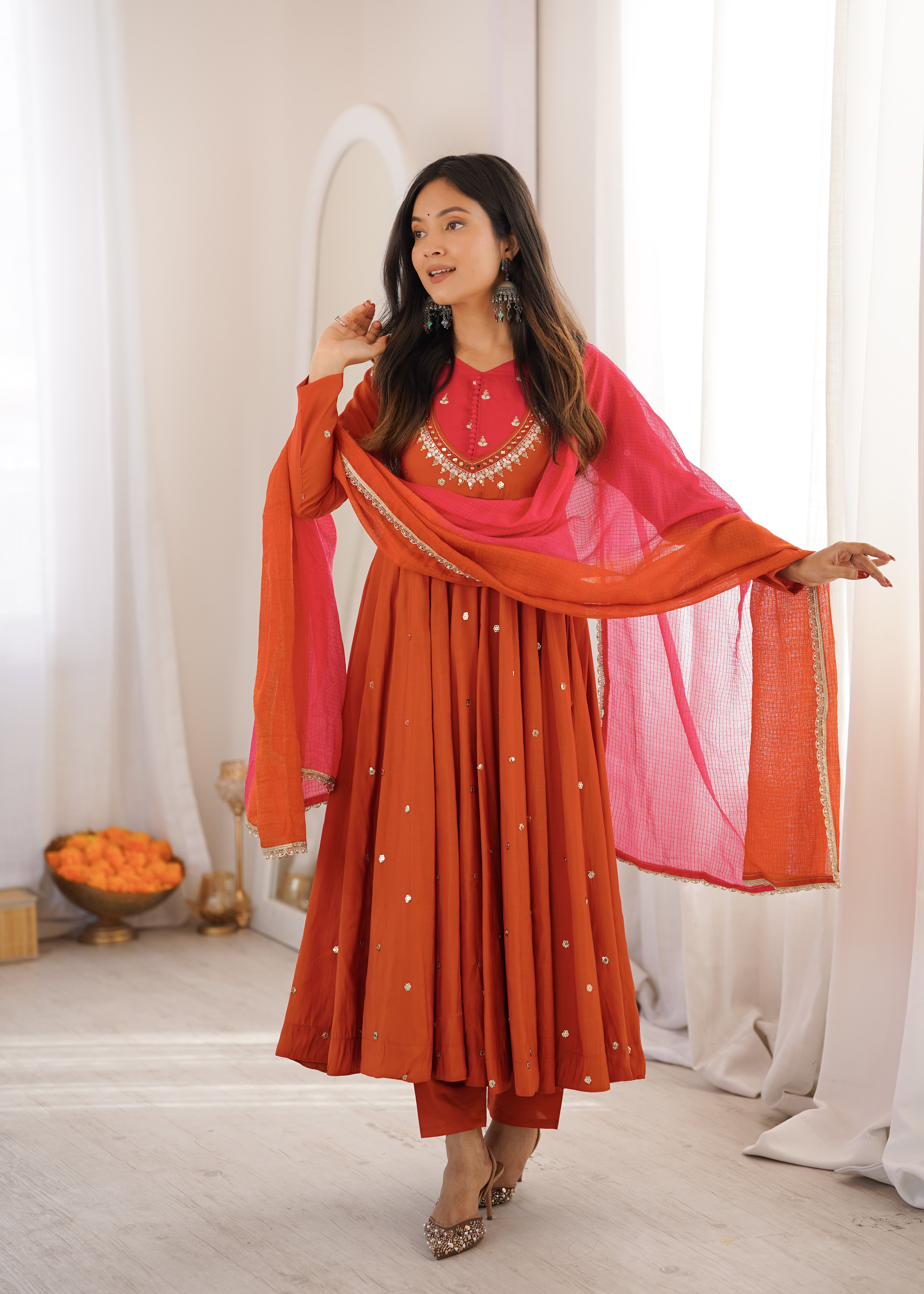 Womenline Rust Orange Festive Anarkali Suit Set with Dupatta