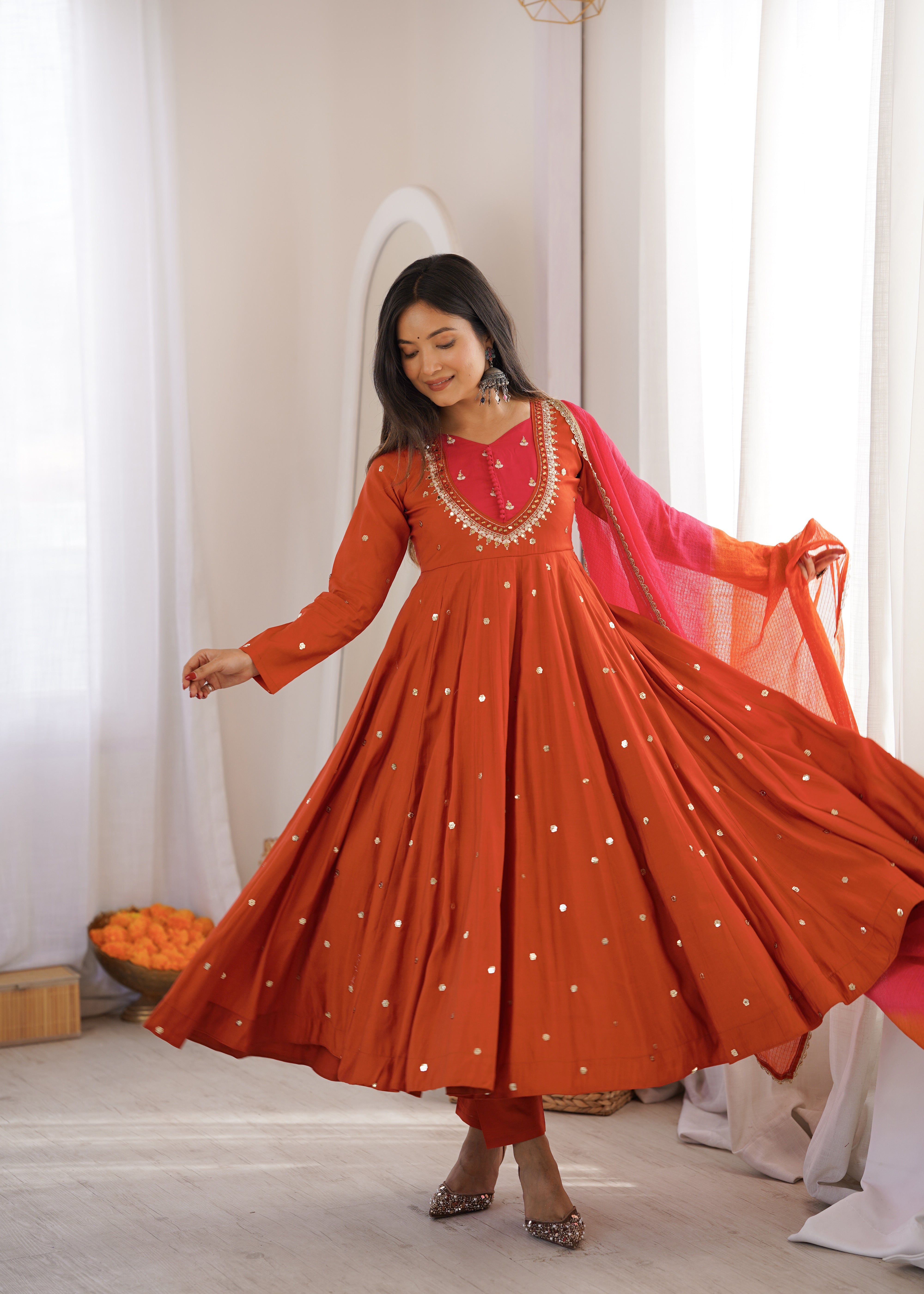 Womenline Rust Orange Festive Anarkali Suit Set with Dupatta