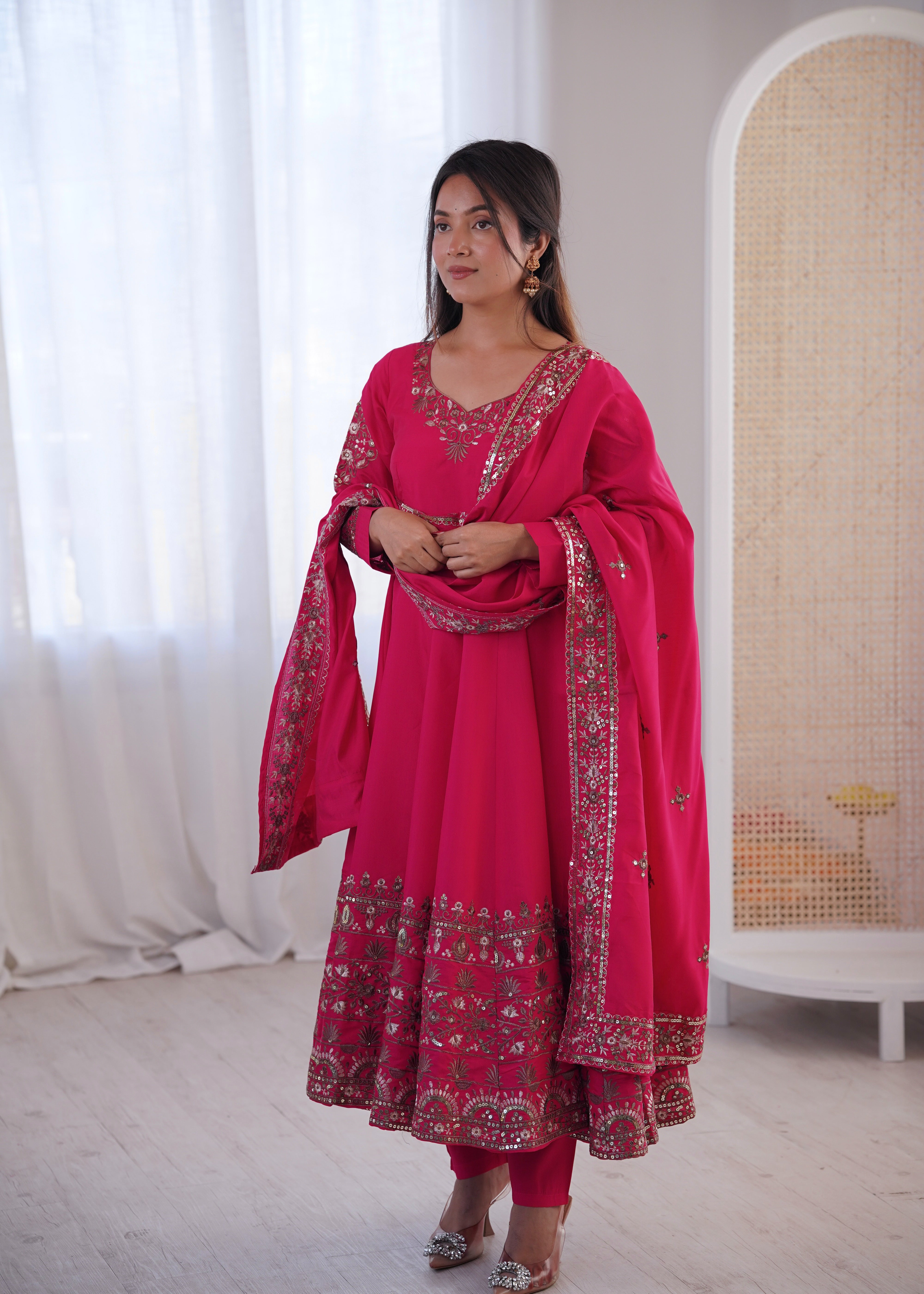 Womenline Festive Rani Pink & Gold Embroidered Anarkali Suit Set