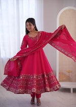Womenline Festive Rani Pink & Gold Embroidered Anarkali Suit Set