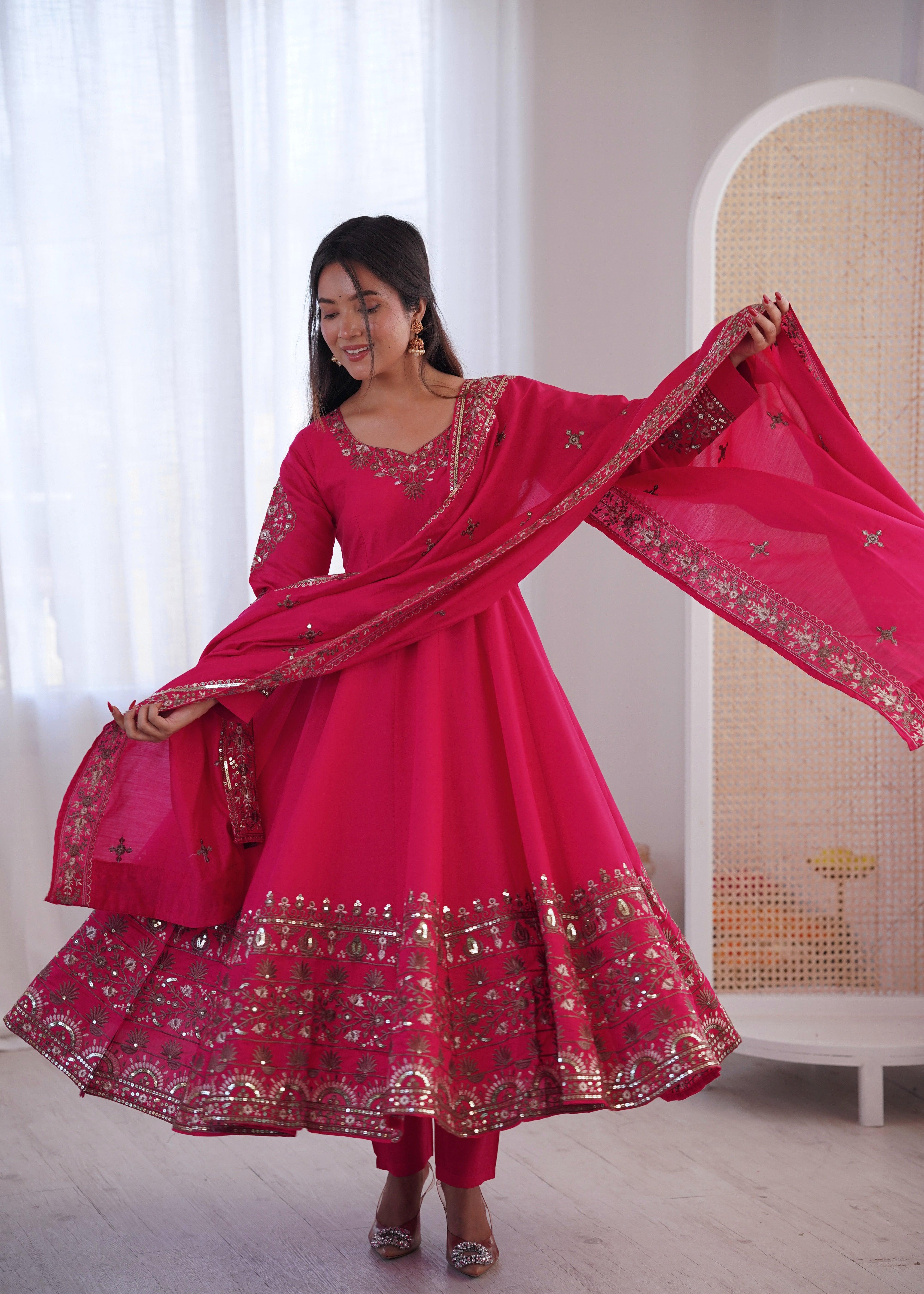 Womenline Festive Rani Pink & Gold Embroidered Anarkali Suit Set