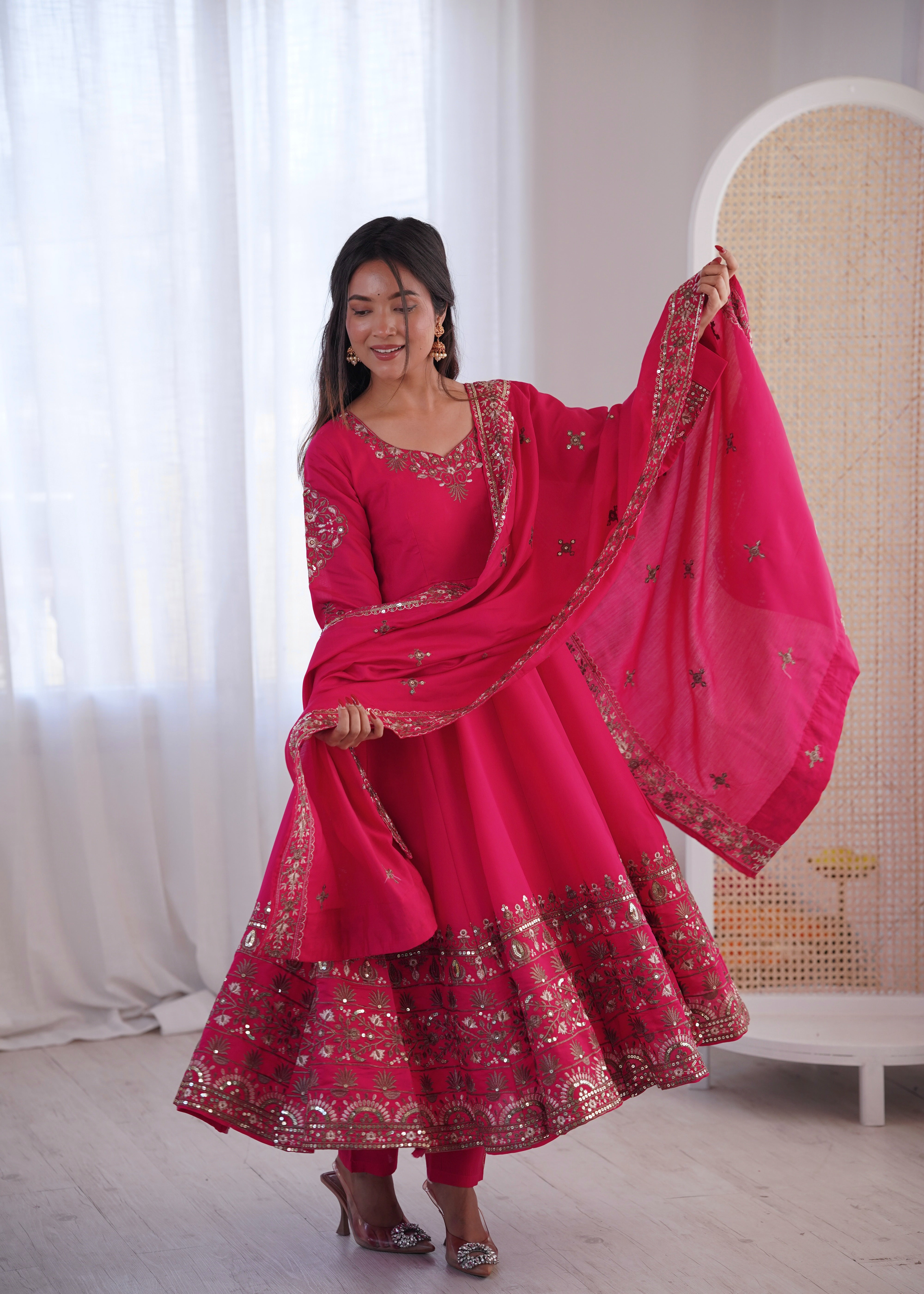 Womenline Festive Rani Pink & Gold Embroidered Anarkali Suit Set