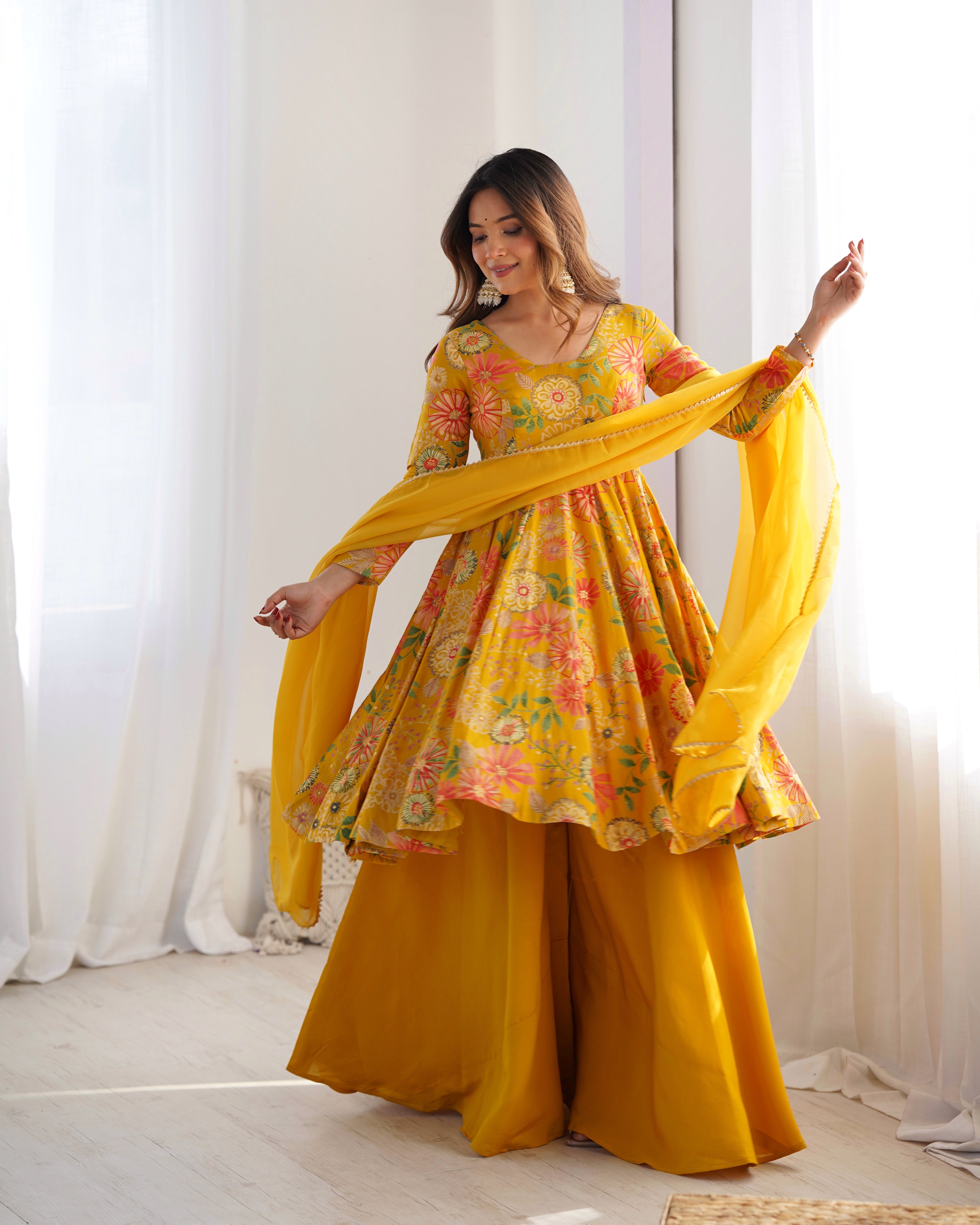 Womenline Sunshine Floral Printed Sharara Suit Set with Dupatta