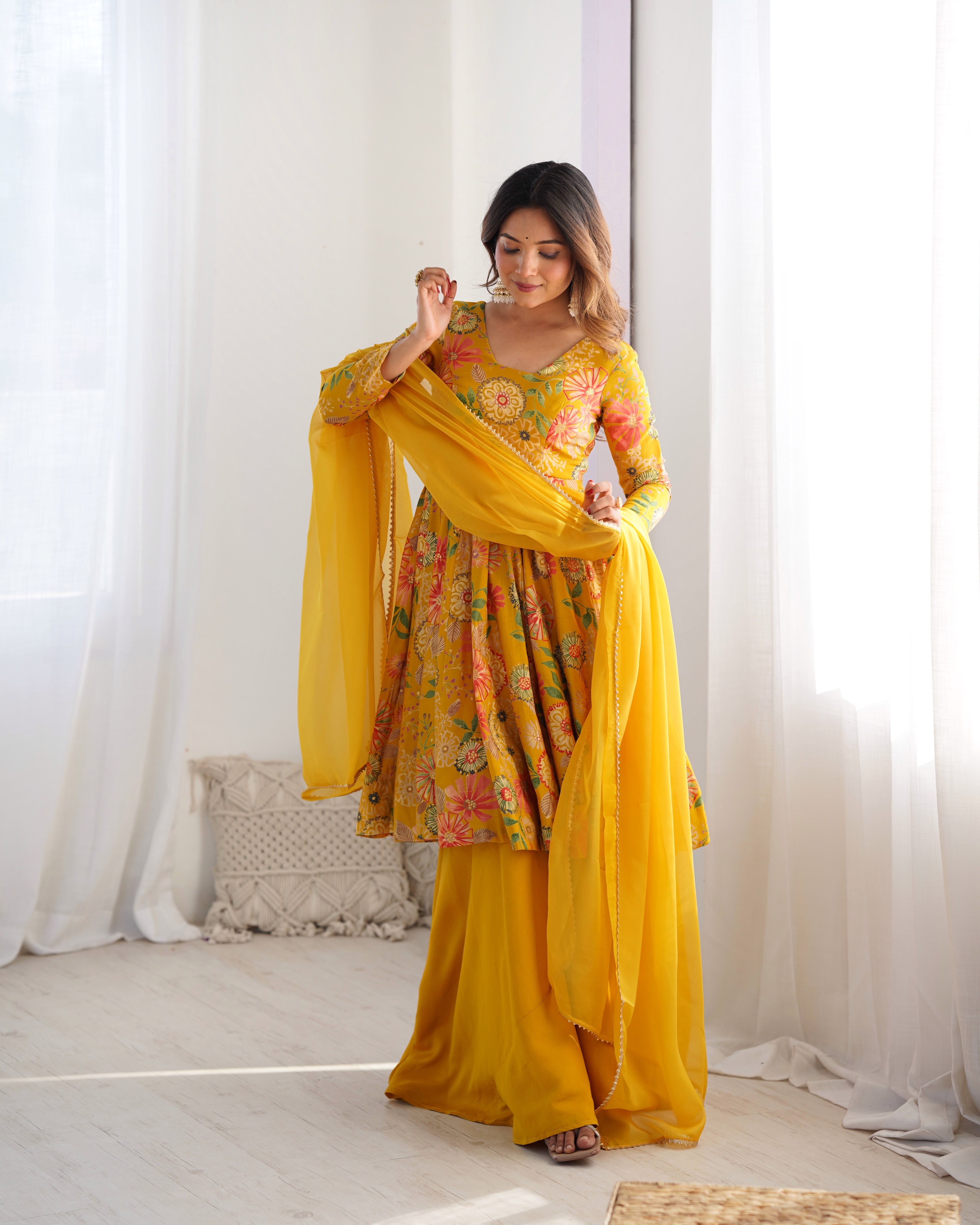 Womenline Sunshine Floral Printed Sharara Suit Set with Dupatta