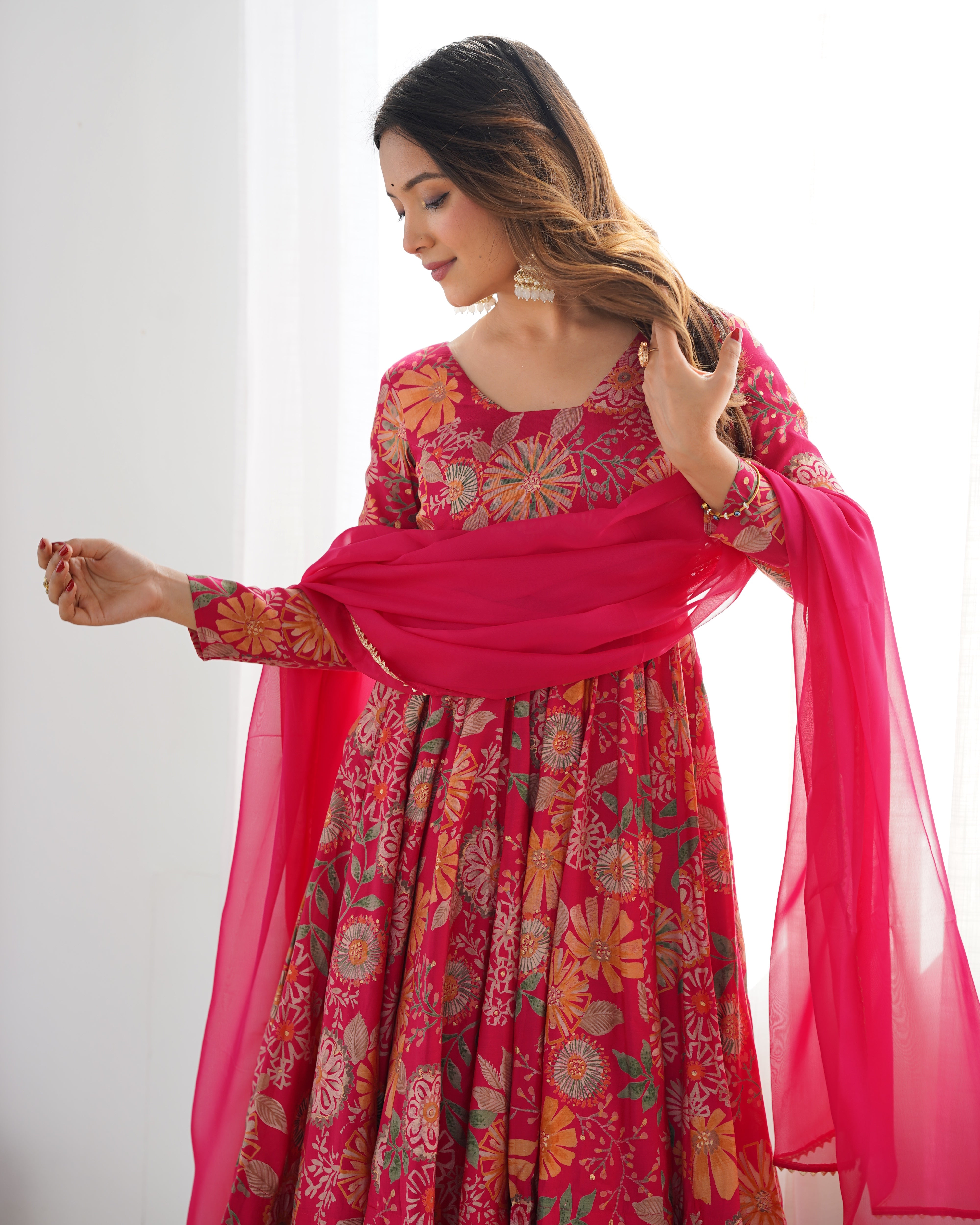 Womenline Fuchsia Pink Floral Printed Sharara Suit Set with Dupatta