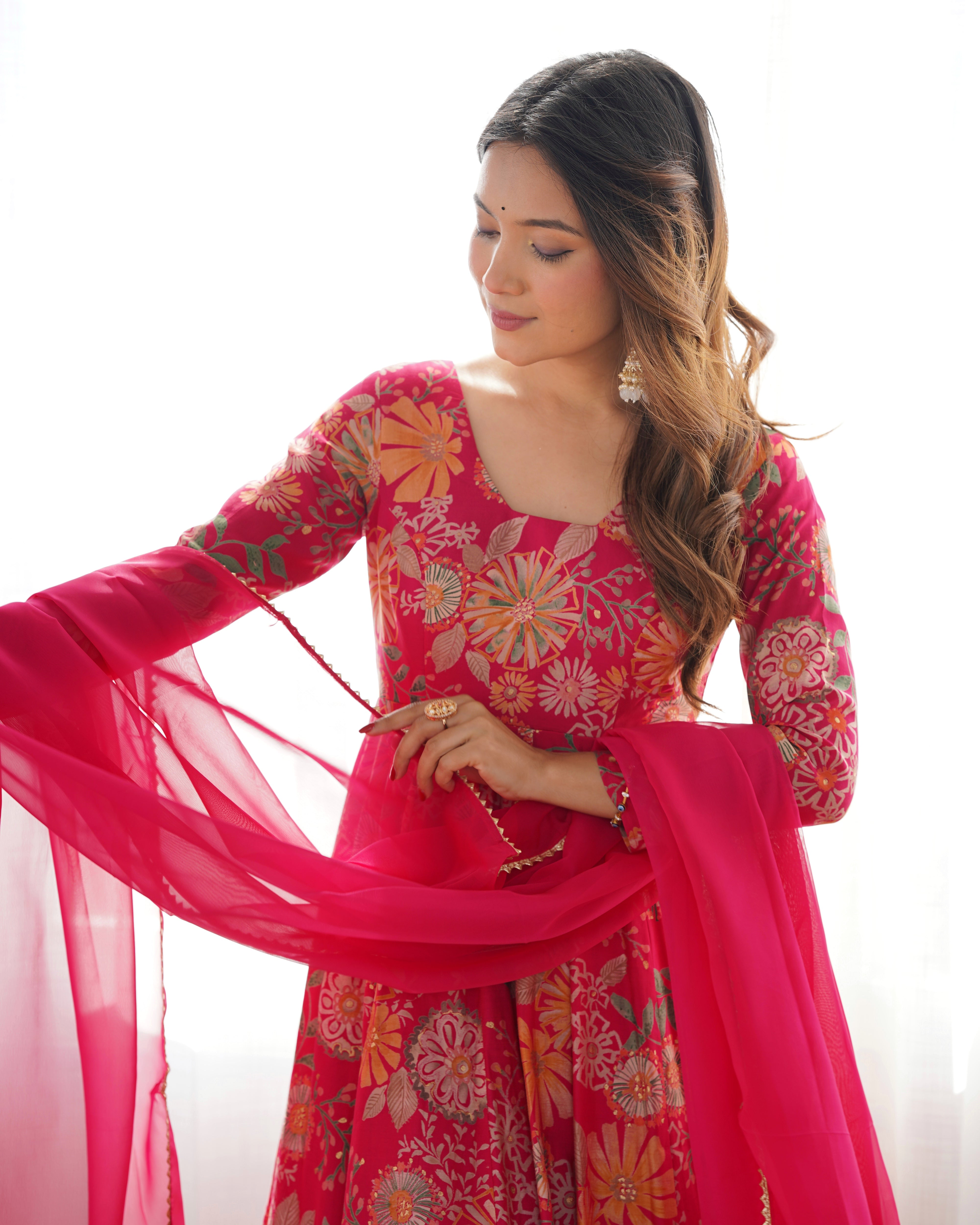 Womenline Fuchsia Pink Floral Printed Sharara Suit Set with Dupatta