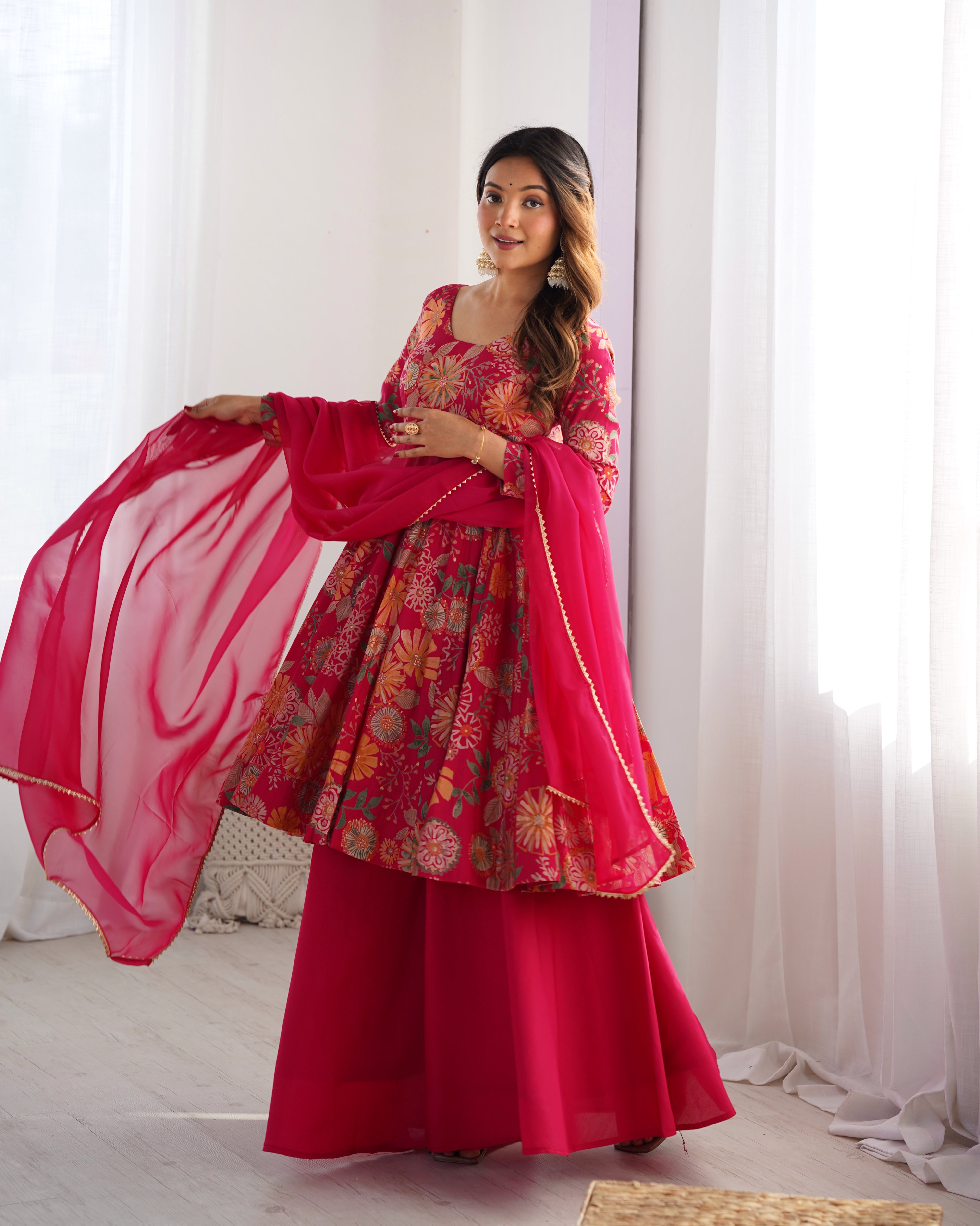 Womenline Fuchsia Pink Floral Printed Sharara Suit Set with Dupatta